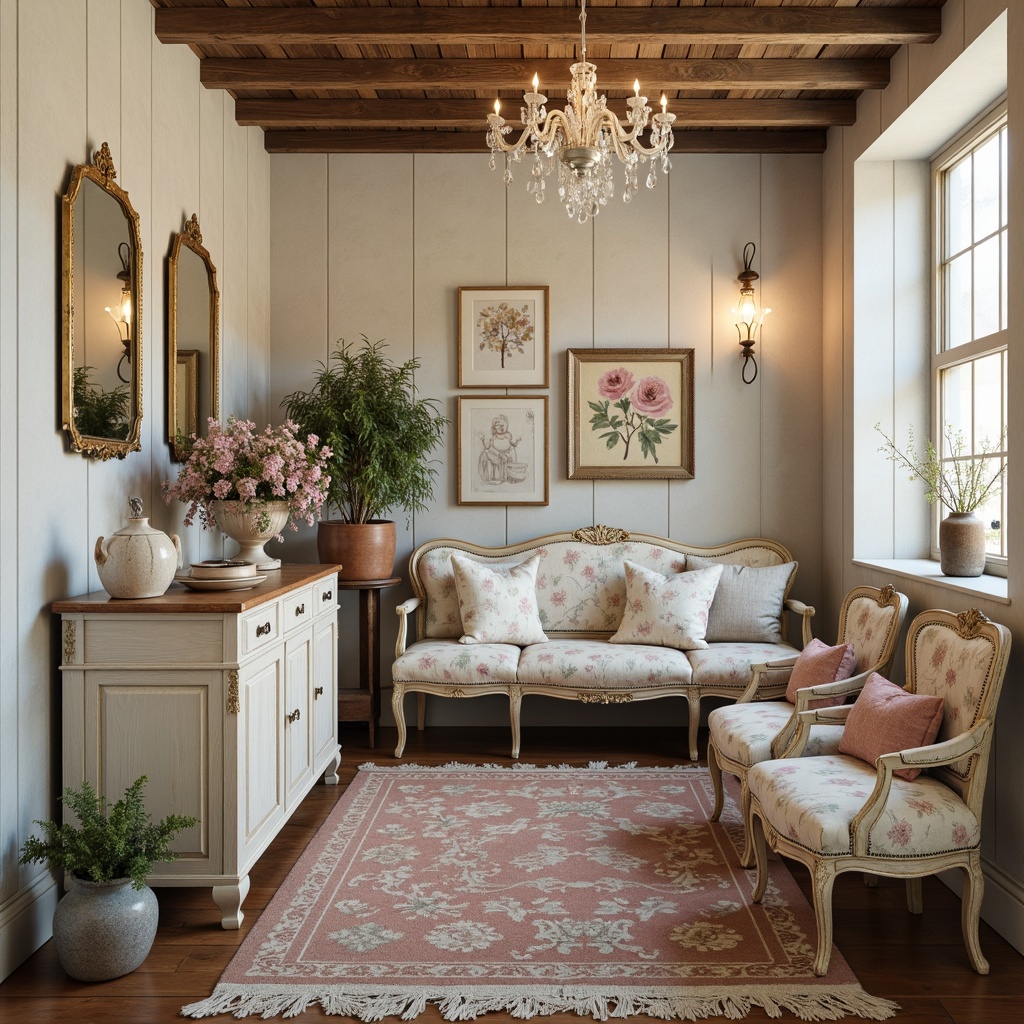 Prompt: Distressed wood furniture, vintage decor, soft pastel hues, floral patterns, lace trimmings, rustic metal accents, worn leather upholstery, ornate mirrors, crystal chandeliers, plush area rugs, natural linen fabrics, warm candlelight, romantic ambiance, eclectic accessories, antique collectibles, feminine touches, French country-inspired design, distressed finishes, creamy whites, weathered wood tones, whimsical decorative elements.