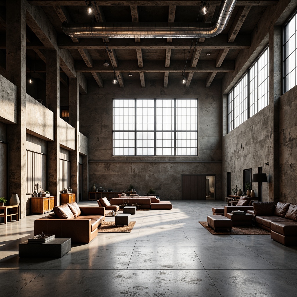 Prompt: Rugged gymnasium interior, brutalist architecture style, industrial metal beams, exposed ductwork, polished concrete floors, raw wooden accents, bold color schemes, angular furniture shapes, distressed leather upholstery, metallic frames, minimalist decor, functional lighting fixtures, urban loft atmosphere, atmospheric shadows, high-contrast textures, dramatic light and shadow play, symmetrical composition, realistic materials, ambient occlusion.