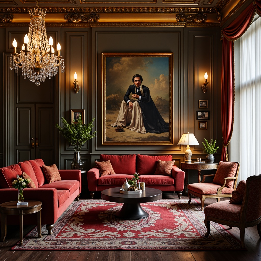 Prompt: Luxurious living room, rich velvet furniture, ornate golden frames, crystal chandeliers, plush area rugs, elegant vases, vibrant artwork, decorative mirrors, sophisticated lighting fixtures, subtle texture variations, warm earthy tones, cozy atmosphere, inviting ambiance, shallow depth of field, 1/1 composition, softbox lighting, realistic reflections.