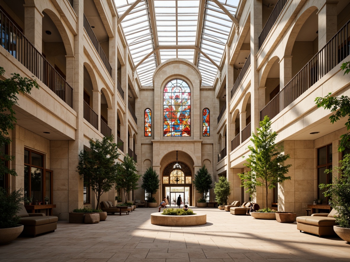 Prompt: Grand courthouse entrance, eclectic architectural style, ornate details, vibrant stone facades, stained glass windows, high ceilings, open floor plans, clerestory windows, skylights, large atriums, natural light pouring in, warm beige tones, rich wood accents, comfortable seating areas, lush greenery, hanging plants, soft diffused lighting, shallow depth of field, 1/2 composition, realistic textures, ambient occlusion.