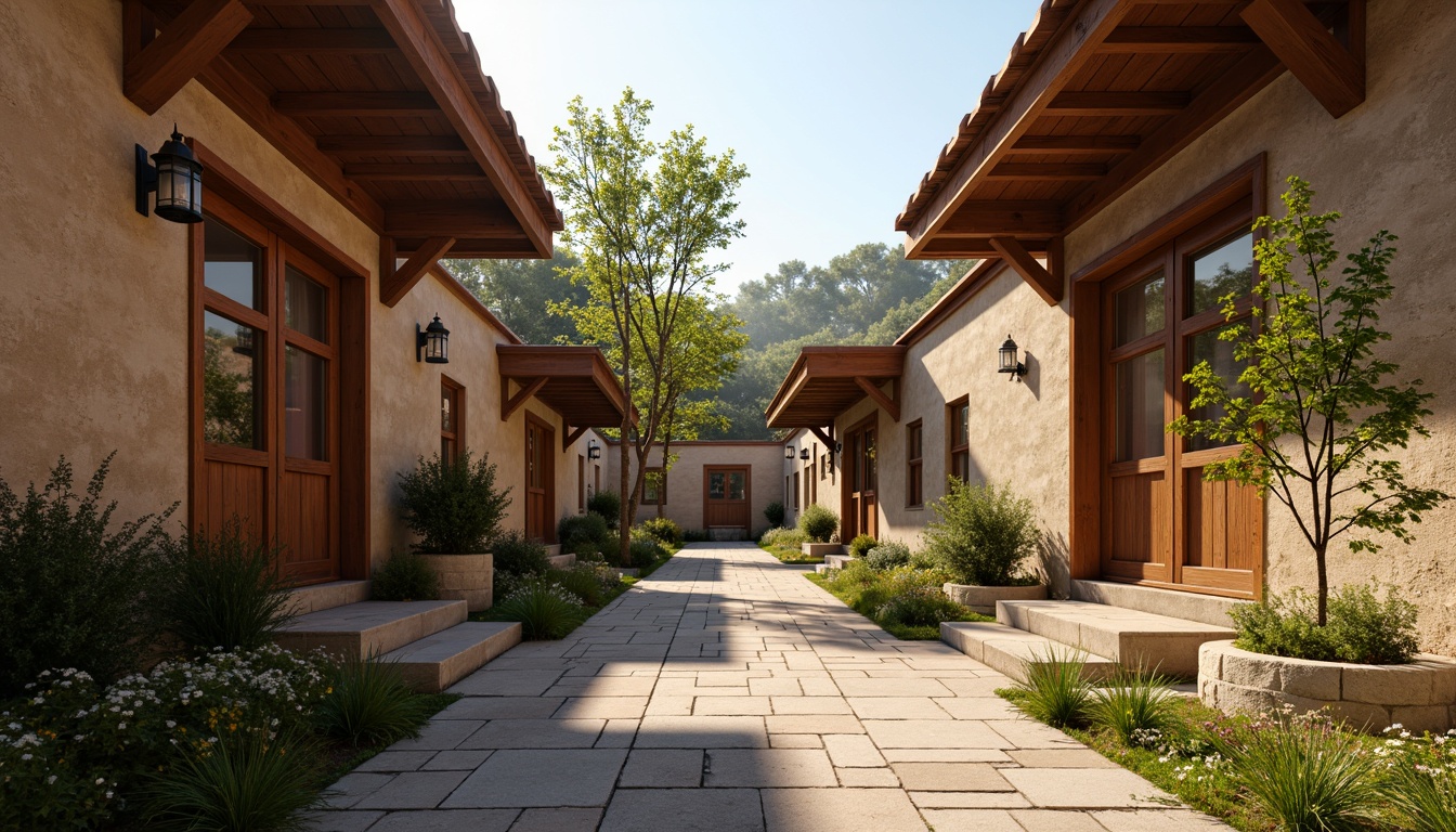 Prompt: Rustic wooden buildings, earthy tones, warm beige walls, rich brown wood accents, vintage metal lanterns, distressed brick facades, natural stone foundations, lush greenery surroundings, soft afternoon sunlight, gentle warm lighting, 3/4 composition, shallow depth of field, realistic textures, ambient occlusion.