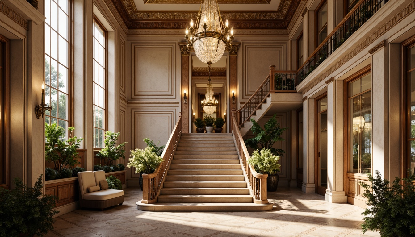 Prompt: Opulent mansion, grand staircase, intricately carved wooden panels, lavish furnishings, ornate gold accents, rich velvet fabrics, subtle cream hues, elegant chandeliers, refined neoclassical architecture, stately columns, imposing stone fa\u00e7ade, lavish drapery, sophisticated lighting fixtures, majestic proportions, 1/1 composition, shallow depth of field, warm soft focus, realistic textures, ambient occlusion.