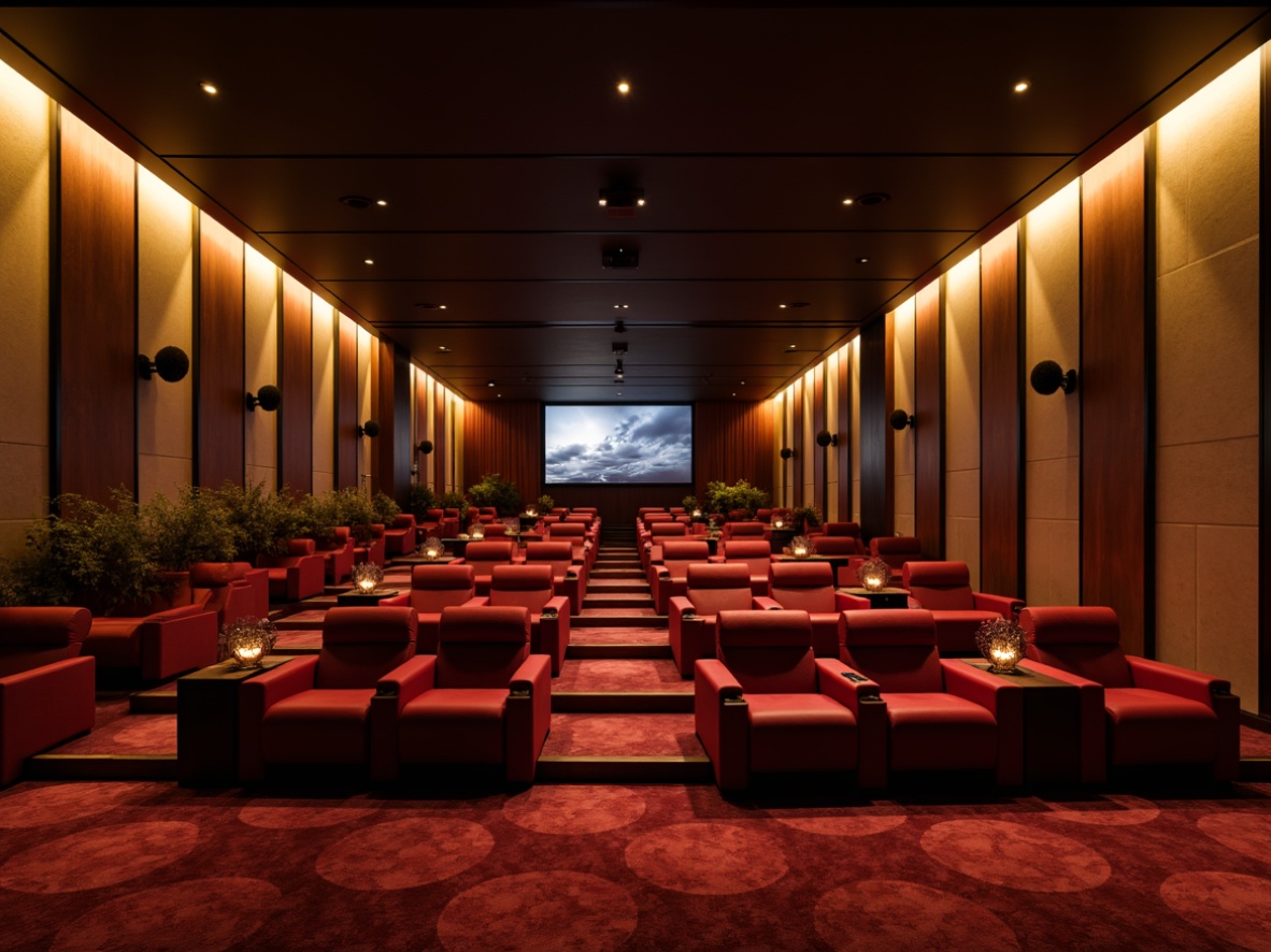 Prompt: Luxurious cinema interior, modern sleek lines, plush velvet seats, reclining chairs, metallic accents, dimmable LED lighting, ambient sound systems, curved screens, stadium-style seating arrangement, tiered rows, VIP sections, premium leather upholstery, adjustable armrests, built-in cup holders, futuristic control panels, high-tech projection systems, immersive audio experiences, cozy intimate atmosphere, warm golden lighting, shallow depth of field, 2/3 composition, cinematic color grading.