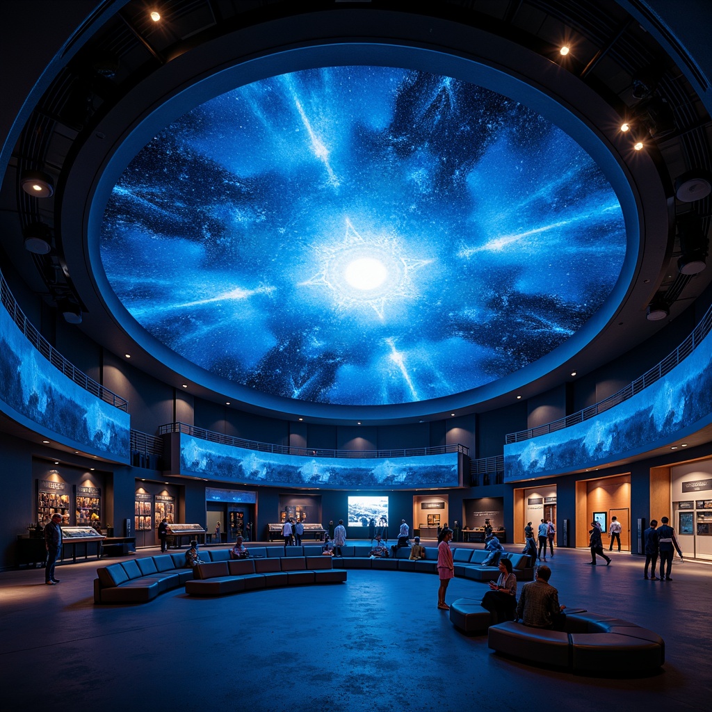 Prompt: Cosmic planetarium interior, dark blue ceiling, starry night sky projection, 3D astronomical visualizations, immersive audio systems, sleek metallic railings, futuristic seating arrangements, ambient LED lighting, soft glowing accents, dynamic color changing effects, high-ceiling domed architecture, large circular screens, interactive exhibit spaces, educational display panels, astronomical instrument displays, atmospheric fog machines, misty ambiance, shallow depth of field, 1/2 composition, realistic textures, subtle lens flares.