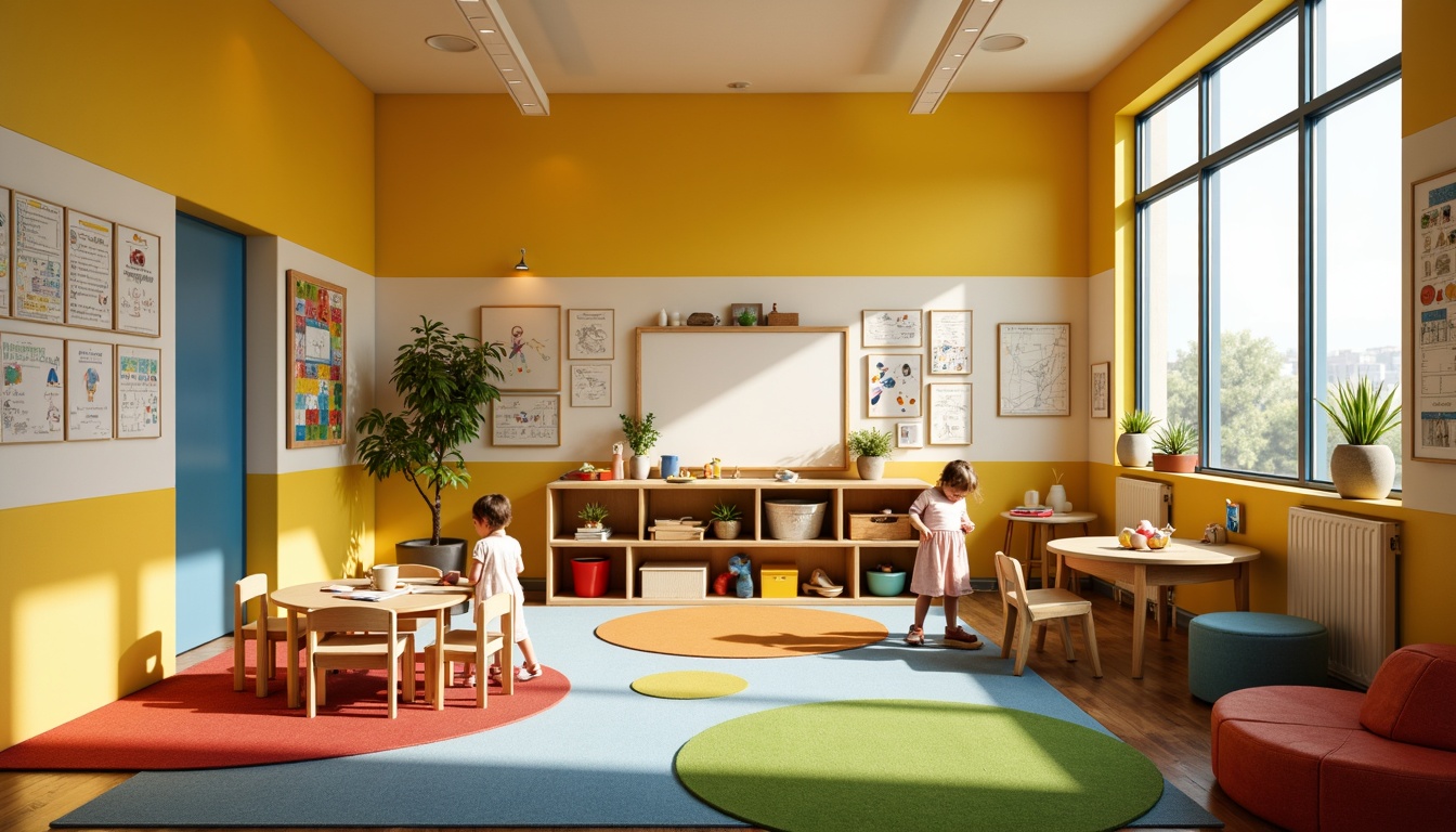 Prompt: Vibrant kindergarten classroom, warm sunny yellow walls, soft pastel blue furniture, playful red accents, calming green rugs, educational posters, colorful toys, rounded shapes, wooden tables, tiny chairs, creative art stations, stimulating learning environment, natural light pouring in, gentle warm lighting, shallow depth of field, 1/1 composition, realistic textures.