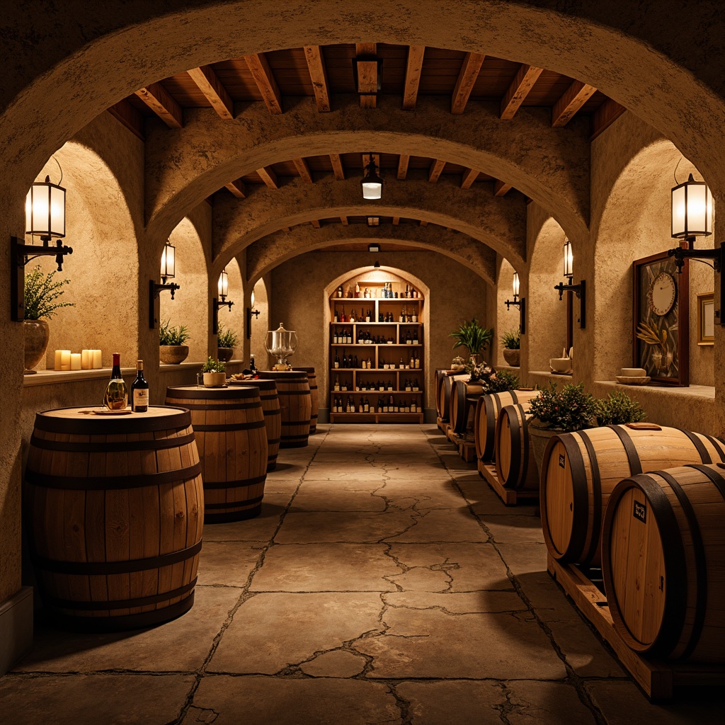 Prompt: Rustic wine cellar, wooden barrels, vintage wine bottles, dim warm lighting, soft ambient glow, warm beige walls, distressed wood accents, metal lanterns, candlelight, stone floors, arched doorways, rich wood tones, cozy intimate atmosphere, dramatic spotlights, subtle shadows, 1/1 composition, realistic textures, warm color palette.