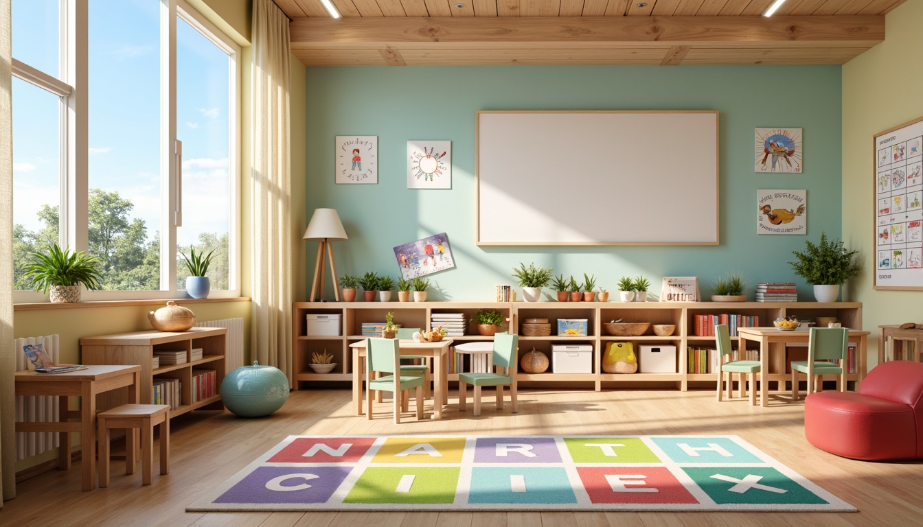 Prompt: Colorful kindergarten furniture, rounded edges, soft cushions, educational posters, interactive whiteboards, playful alphabet carpets, vibrant storage bins, ergonomic chairs, adjustable desks, collaborative workspaces, cozy reading nooks, natural wood textures, gentle lighting, shallow depth of field, 1/1 composition, warm pastel colors, whimsical illustrations, friendly character designs.