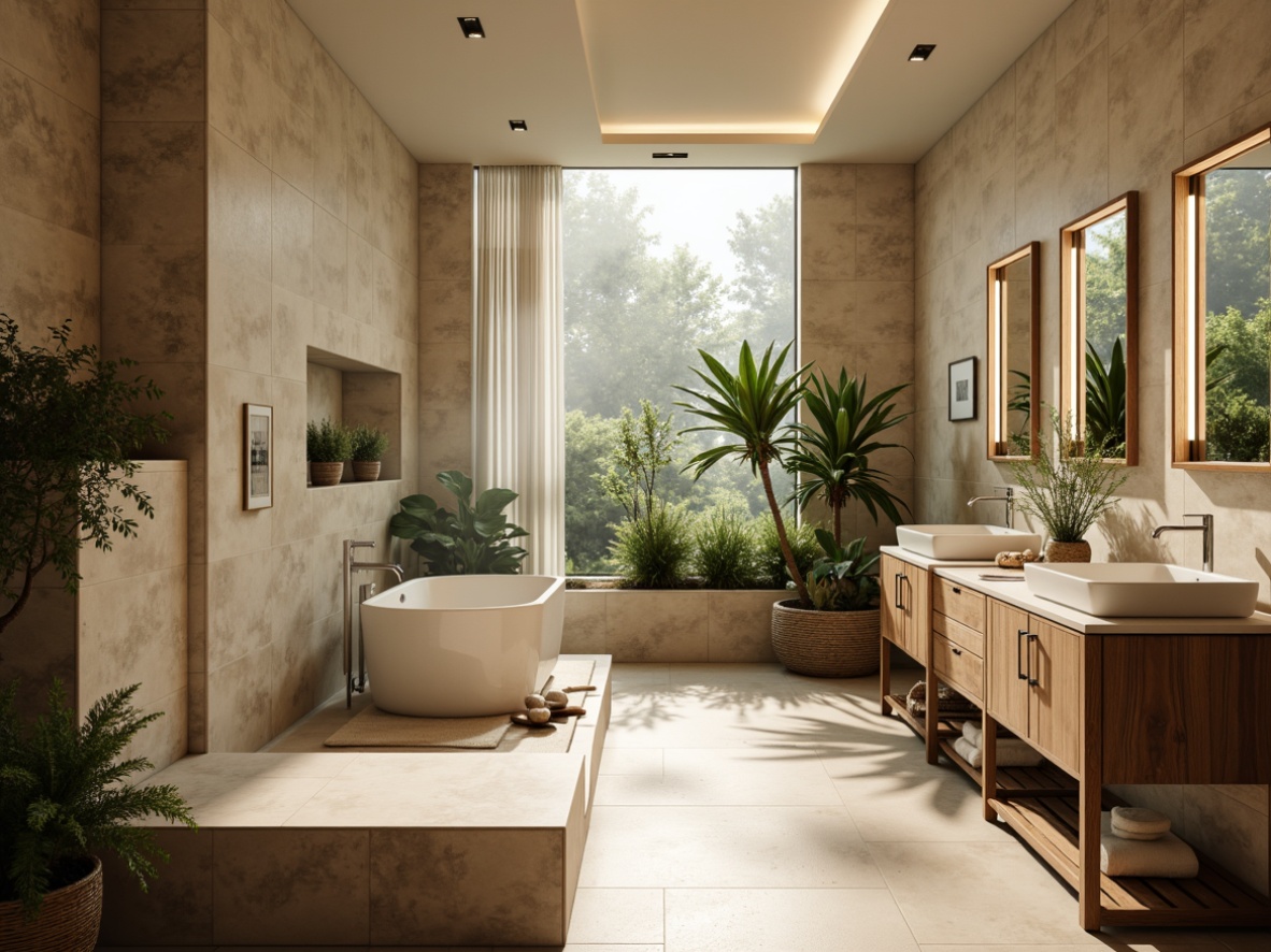 Prompt: Luxurious bathroom oasis, freestanding tub, rainfall showerhead, chrome fixtures, marble countertops, soft LED lighting, warm beige tones, natural stone flooring, wooden vanity cabinets, decorative mirrors, lush greenery, ambient humidity, misty atmosphere, 1/1 composition, shallow depth of field, realistic textures.