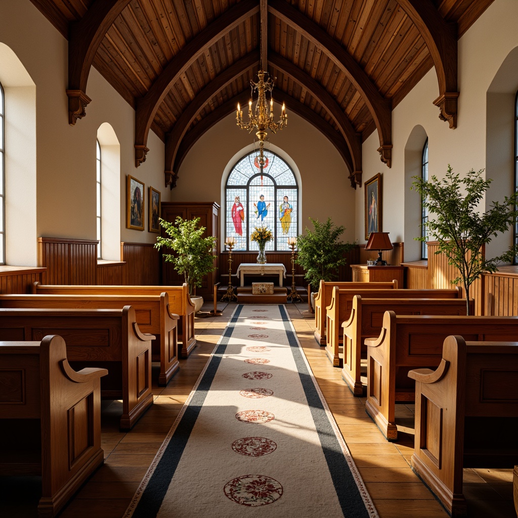 Prompt: Traditional church interior, wooden pews with intricately carved details, warm golden wood tones, soft cushioning, gentle curves, aisle runners, stained glass windows, vaulted ceilings, ornate chandeliers, serene atmosphere, natural light filtering, subtle shadows, 3/4 composition, shallow depth of field, panoramic view, realistic textures, ambient occlusion.