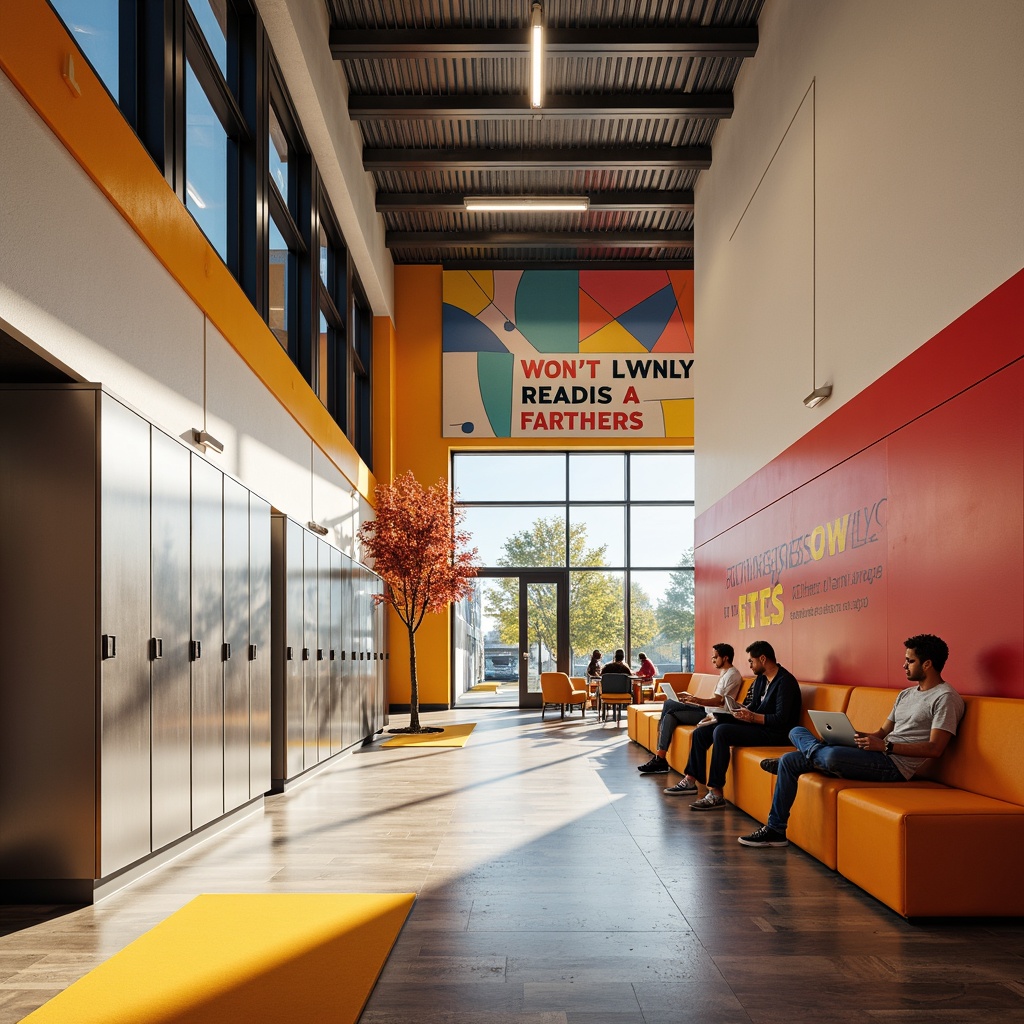 Prompt: Vibrant high school interior, modern minimalist design, bold color accents, energetic youthful atmosphere, sleek metal lockers, polished wooden floors, abstract geometric patterns, motivational quotes, collaborative workspaces, comfortable plush seating, natural light pouring, soft warm lighting, shallow depth of field, 1/1 composition, realistic textures, ambient occlusion.