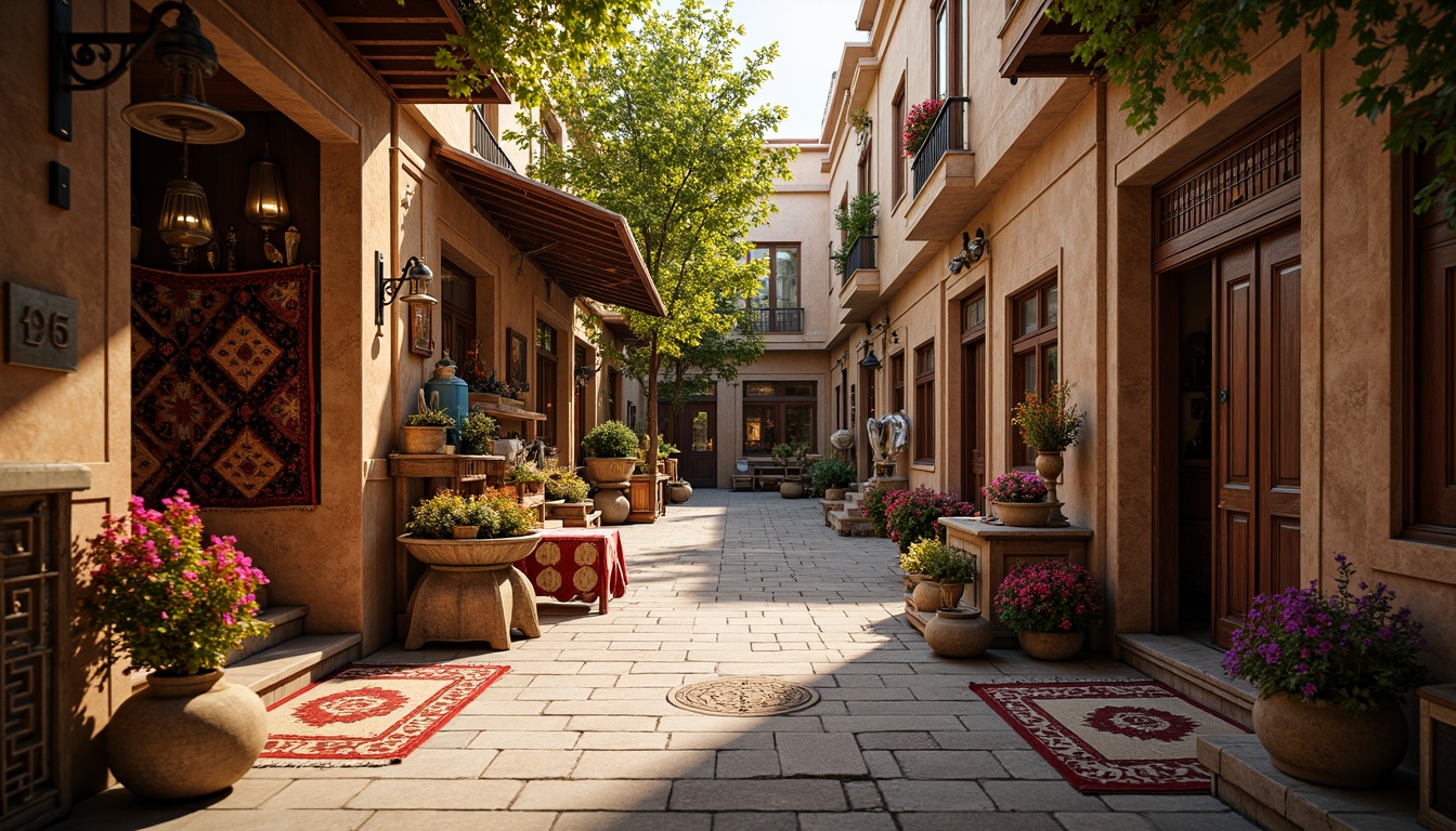 Prompt: Vibrant market stalls, traditional Middle Eastern architecture, intricately patterned rugs, colorful lanterns, ornate wooden doors, rustic stone walls, lively bazaar atmosphere, exotic spice aromas, authentic local craftsmanship, eclectic vintage decor, woven baskets, lush greenery, warm golden lighting, shallow depth of field, 1/2 composition, realistic textures, ambient occlusion.