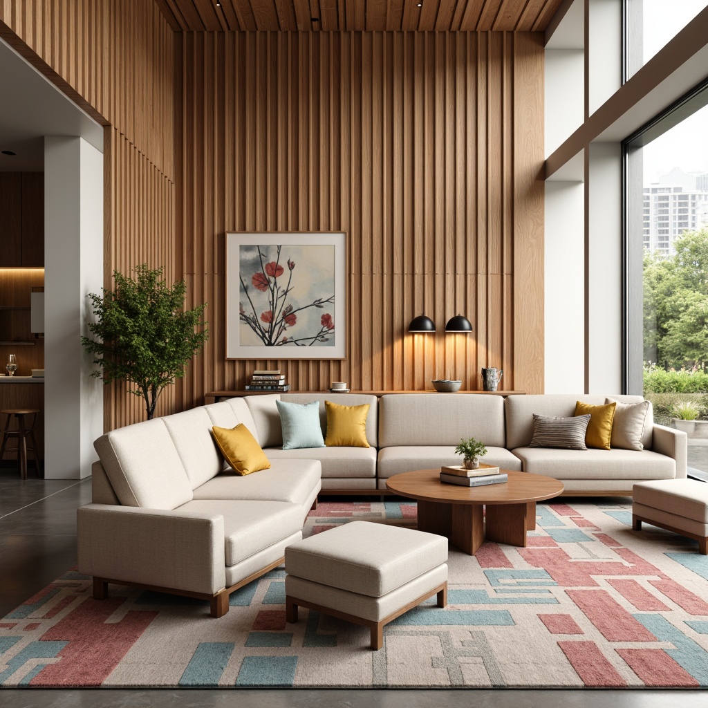 Prompt: Vibrant modern interior, luxurious furniture, bold accent walls, soft pastel shades, natural wood tones, creamy whites, rich charcoal grays, metallic gold accents, ambient warm lighting, shallow depth of field, 1/1 composition, realistic textures, subtle reflections.