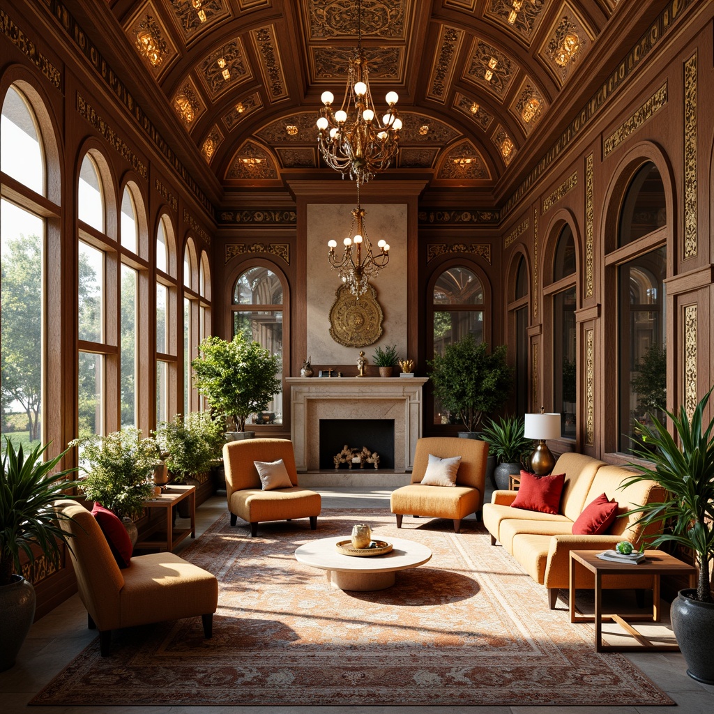 Prompt: Richly ornamented sunroom, lavish golden accents, intricate marble patterns, velvety soft furnishings, ornate wooden carvings, grandiose chandeliers, opulent drapery, luxurious silk fabrics, warm honey-toned wood, rustic stone walls, vintage bronze fixtures, dramatic high ceilings, sweeping archways, abundant natural light, soft diffused lighting, 1/1 composition, intimate atmosphere, realistic textures, ambient occlusion.