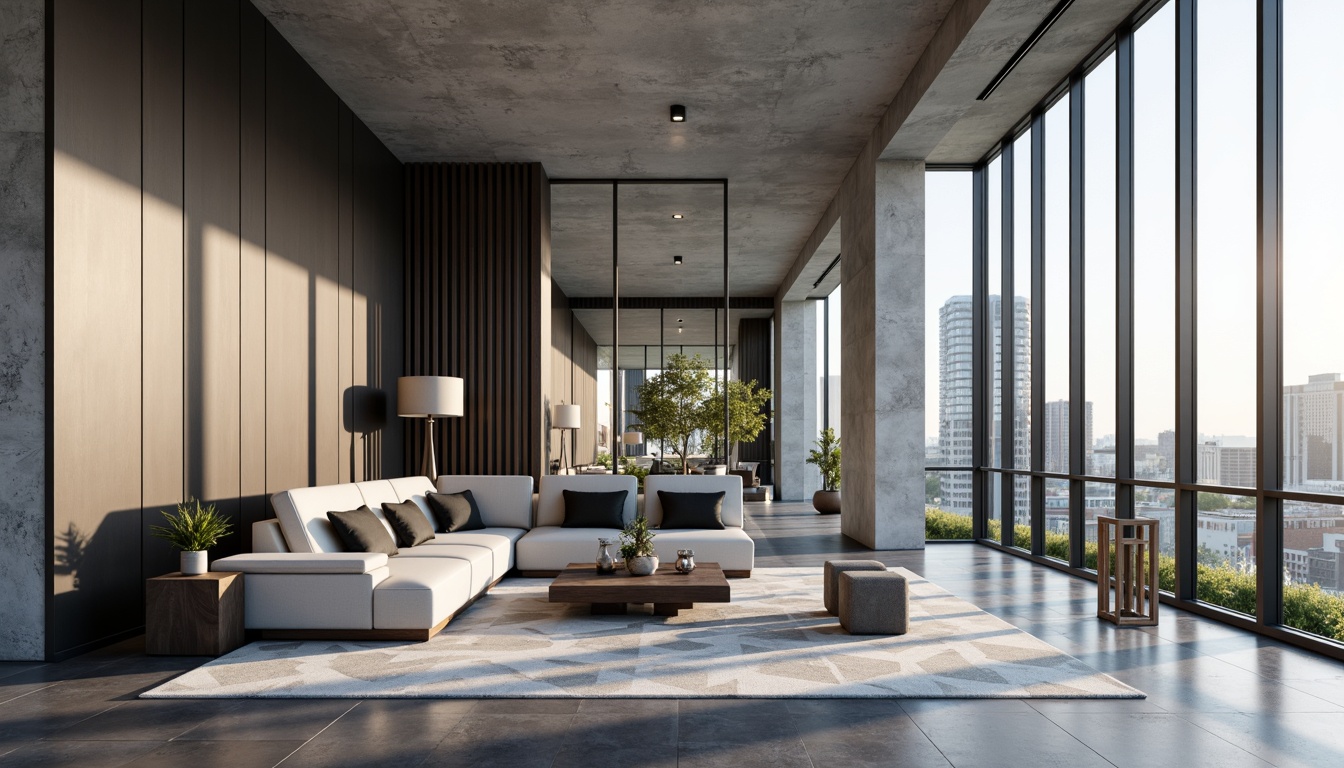 Prompt: Streamlined modern living room, wall treatments with minimalist paneling, sleek metallic accents, monochromatic color scheme, textured concrete finishes, geometric patterned rugs, floor-to-ceiling windows, urban cityscape views, softbox lighting, 1/1 composition, shallow depth of field, realistic reflections, ambient occlusion.