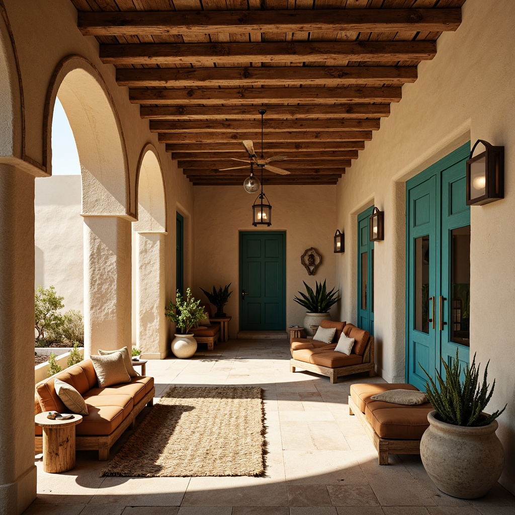 Prompt: Earthy adobe architecture, rustic wooden accents, weathered stone walls, terracotta tile roofs, distressed leather furniture, woven textiles, vibrant turquoise hues, sandy beige tones, natural fiber rugs, reclaimed wood beams, wrought iron decorative elements, Spanish-inspired arches, stucco exteriors, desert botanicals, cacti, succulents, warm golden lighting, soft shadows, 1/2 composition, intimate atmosphere, realistic textures.