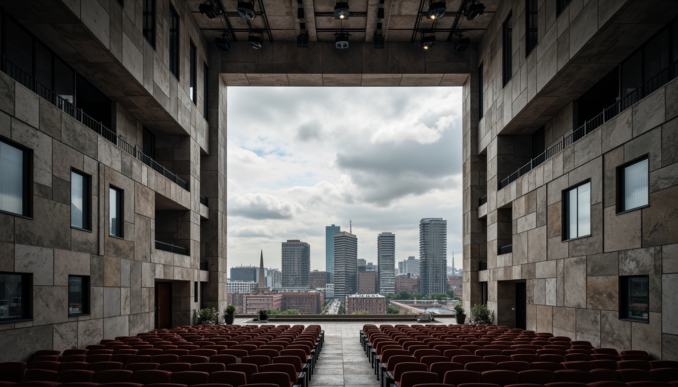 Prompt: Rugged brutalist auditorium, concrete walls, exposed ductwork, industrial-style seating, cold harsh lighting, minimalist decor, raw unfinished textures, monolithic architecture, grand staircase, cantilevered balconies, geometric patterns, bold color schemes, urban cityscape views, cloudy overcast skies, dramatic shadows, high-contrast lighting, 1-point perspective composition, cinematic camera angles.