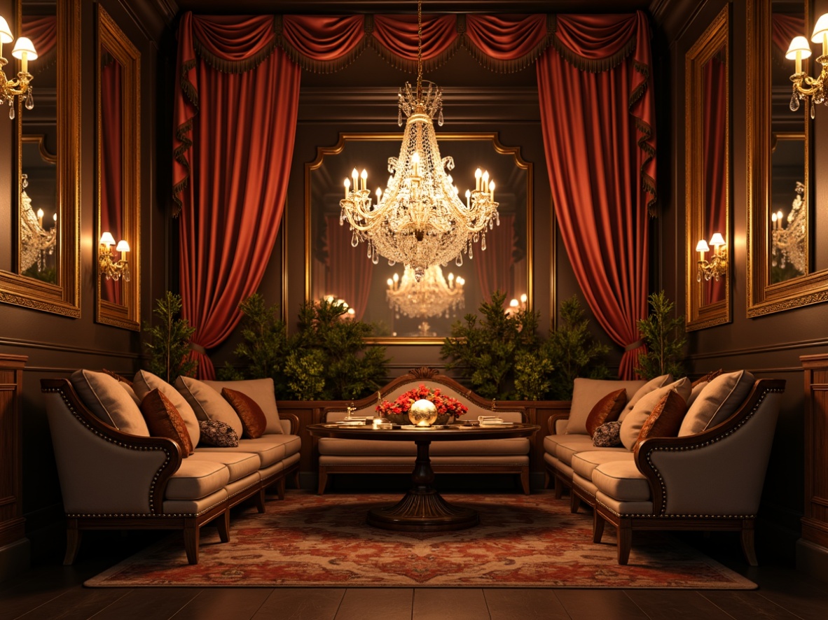 Prompt: Elegant ornate nook, soft warm golden lighting, crystal chandelier, delicate metalwork, intricate carvings, velvet drapes, rich wood paneling, gilded mirrors, luxurious fabrics, subtle shimmering effects, ambient warm glow, low-key backlighting, 1/2 composition, intimate atmosphere, romantic ambiance, lavish decorative elements.