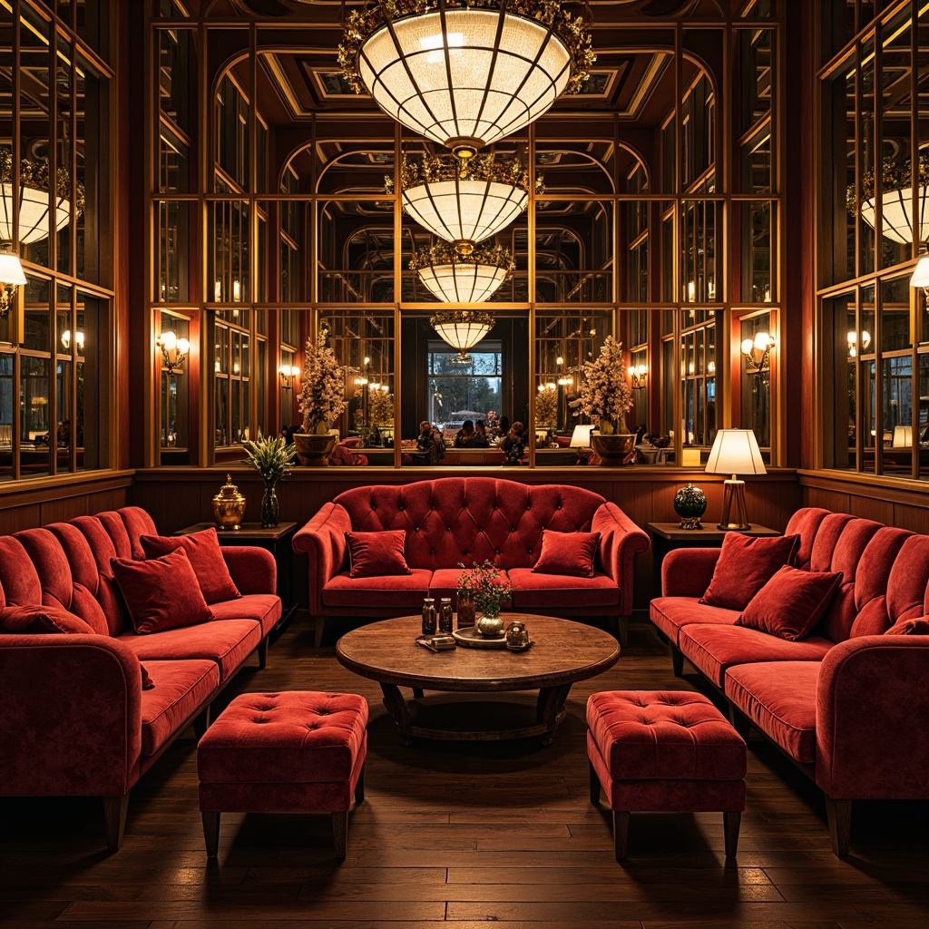 Prompt: Luxurious velvet sofas, ornate metal frames, glossy wooden tables, curved lines, geometric patterns, metallic accents, bold color schemes, lavish upholstery, tufted ottomans, beveled mirrors, crystal chandeliers, opulent fabrics, intricate carvings, 1920s inspired decor, glamorous ambiance, dramatic lighting, warm golden tones, high-contrast composition, ornate details, rich textures, cinematic atmosphere.