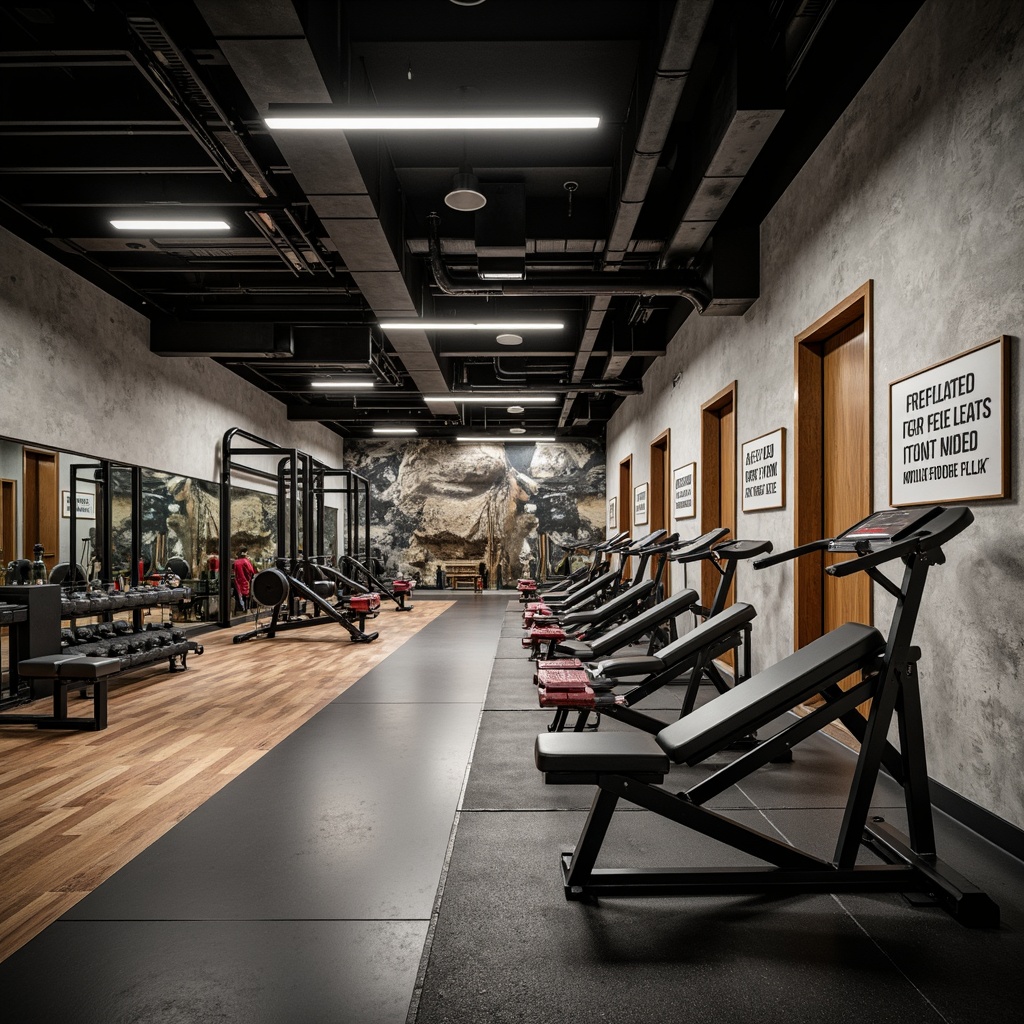 Prompt: Modern gym interior, sleek metal equipment, rubber flooring, wooden accents, textured concrete walls, industrial-style lighting, motivational quotes, fitness-inspired artwork, mirrored surfaces, minimalist decor, natural stone features, dynamic color schemes, high-contrast visuals, shallow depth of field, 1/1 composition, realistic reflections, ambient occlusion.