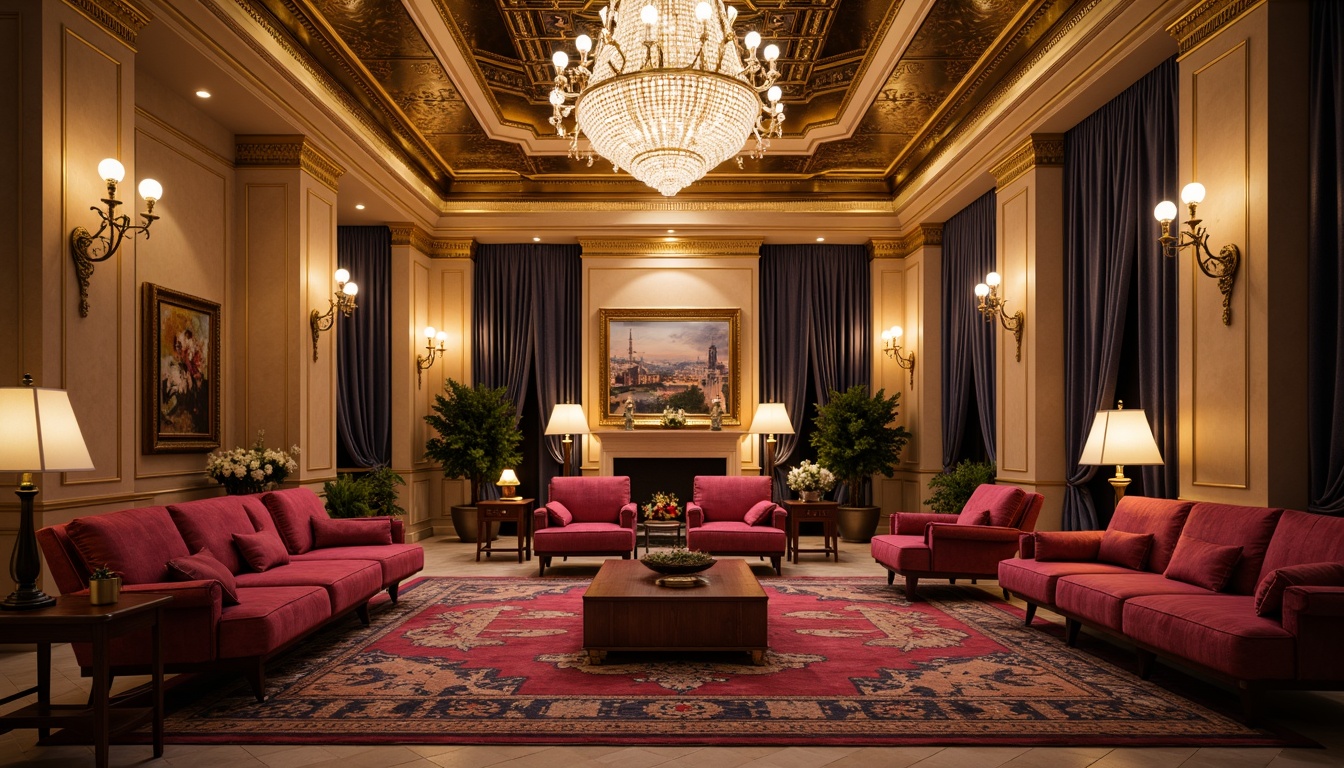 Prompt: Luxurious gold accents, rich jewel tones, ornate details, velvet fabrics, marble columns, grandiose chandeliers, warm beige walls, intricate patterns, lavish furnishings, regal reds, imperial blues, opulent purples, dramatic lighting, shallow depth of field, 1/2 composition, soft focus, warm color grading, high-contrast ratio.