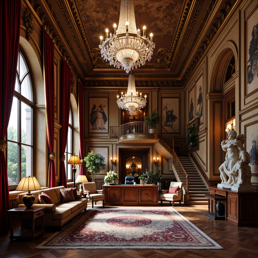 Prompt: Ornate office space, luxurious chandeliers, crystal droplets, gold accents, velvet drapes, rich wood paneling, antique furniture, intricate moldings, high ceilings, grandiose archways, dramatic staircases, opulent rugs, majestic columns, imposing statues, warm ambient lighting, softbox diffusers, ornate sconces, candelabra-inspired lamps, gilded metalwork, lavish fabrics, regal color palette, Renaissance-era influences.