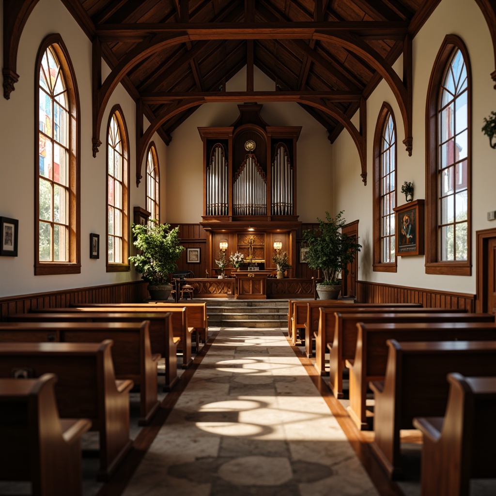 Prompt: Traditional church interior, wooden pews with intricate carvings, stained glass windows, vaulted ceilings, grand organ pipes, soft warm lighting, cozy atmosphere, rustic wood tones, classic Christian architecture, ornate altar, decorative pulpit, tranquil ambiance, shallow depth of field, 1/2 composition, realistic textures, ambient occlusion.