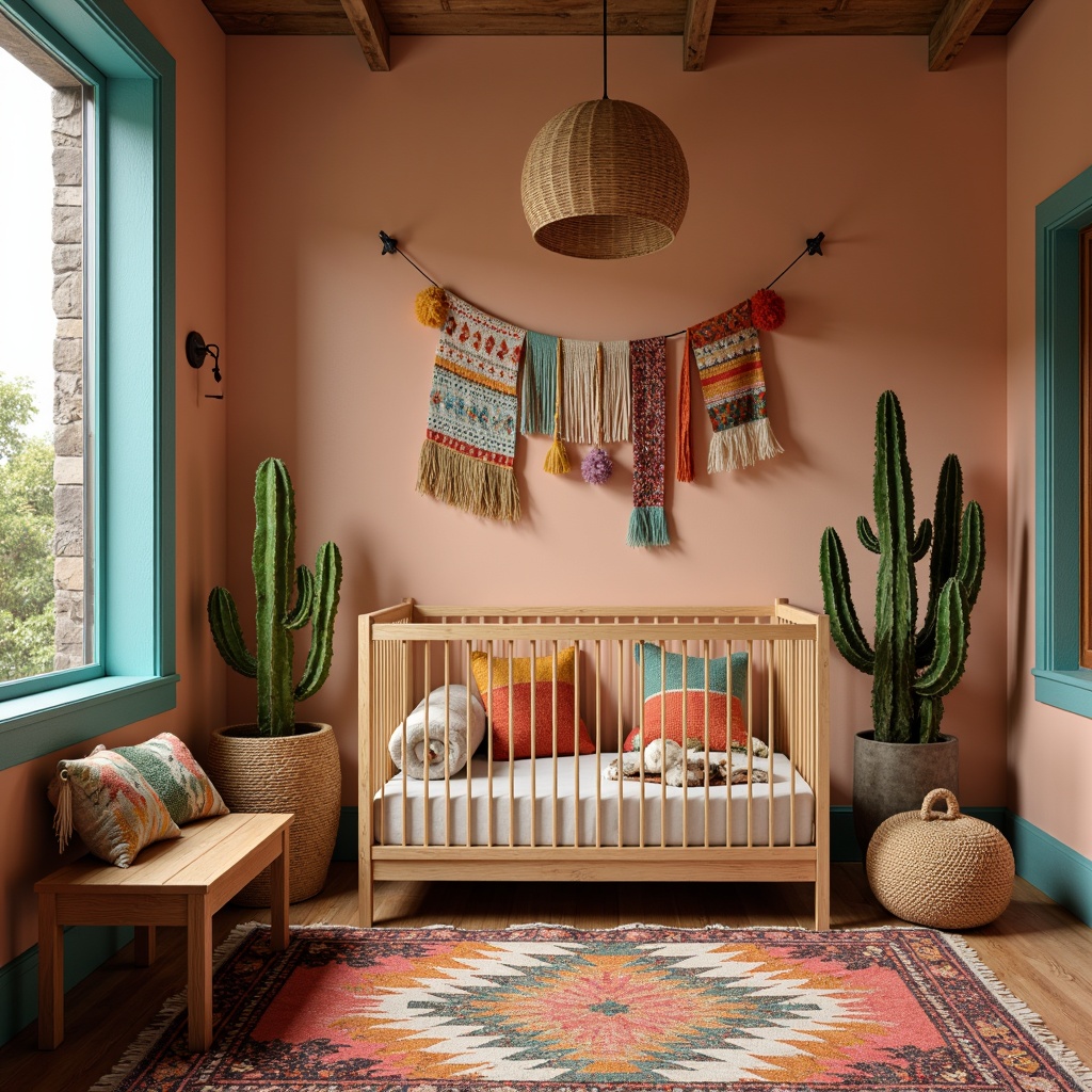 Prompt: Vibrant southwestern baby room, colorful woven textiles, geometric patterned rug, plush cactus-shaped pillows, natural wood crib, earthy tone walls, turquoise accents, rustic wooden furniture, soft warm lighting, shallow depth of field, 3/4 composition, panoramic view, realistic textures, ambient occlusion.