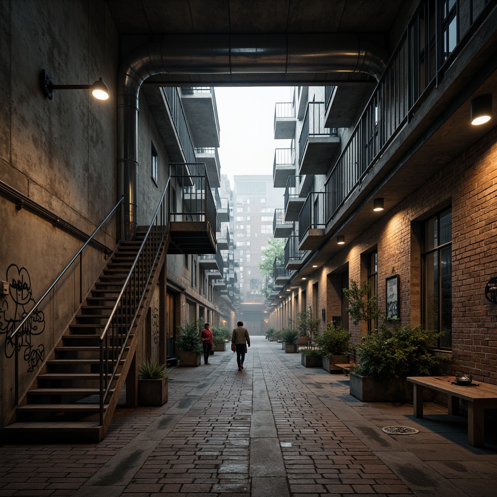 Prompt: Rustic concrete walls, exposed pipes, metallic ladders, industrial-style lighting fixtures, weathered wooden planks, rough stone floors, distressed metal railings, worn-out brick facades, urban graffiti, cityscape views, misty atmosphere, dramatic shadows, high-contrast lighting, shallow depth of field, 2/3 composition, symmetrical framing, realistic texture details, ambient occlusion.