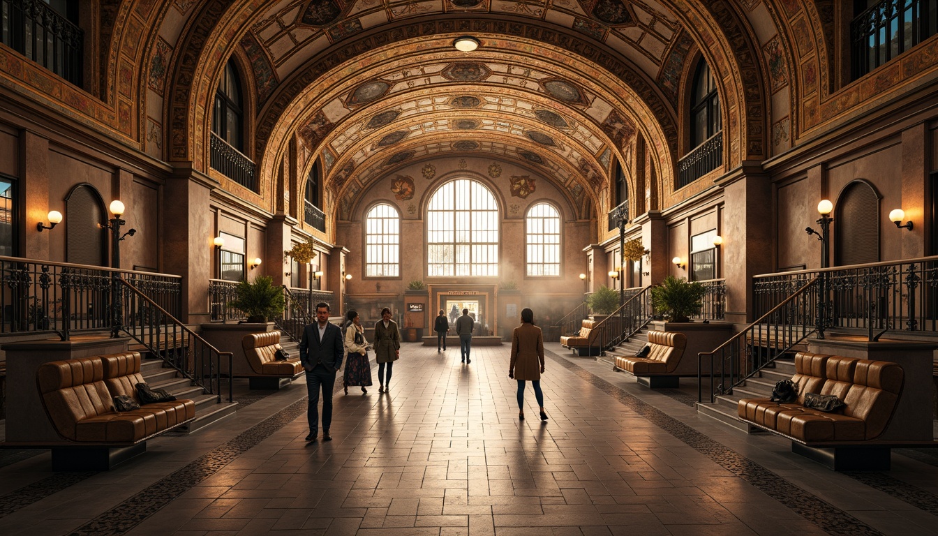 Prompt: Intricate Metro station, ornate ironwork, flowing curvilinear patterns, elegant archways, grand staircases, richly ornamented ceilings, vibrant ceramic tiles, stained glass windows, decorative lampposts, intricate mosaics, luxurious textiles, polished marble floors, warm golden lighting, atmospheric fog effects, shallow depth of field, 1/2 composition, symmetrical framing, realistic textures, ambient occlusion.