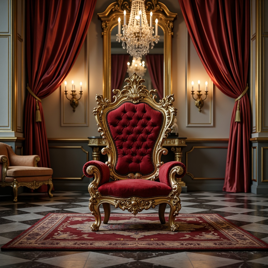 Prompt: Ornate throne chair, intricately carved wooden legs, gilded accents, velvet upholstery, luxurious drapes, crystal chandeliers, marble flooring, opulent fabrics, golden frames, majestic mirrors, grandiose proportions, curved lines, ornamental details, rich textures, regal atmosphere, warm candlelight, 1/1 composition, shallow depth of field, realistic rendering.