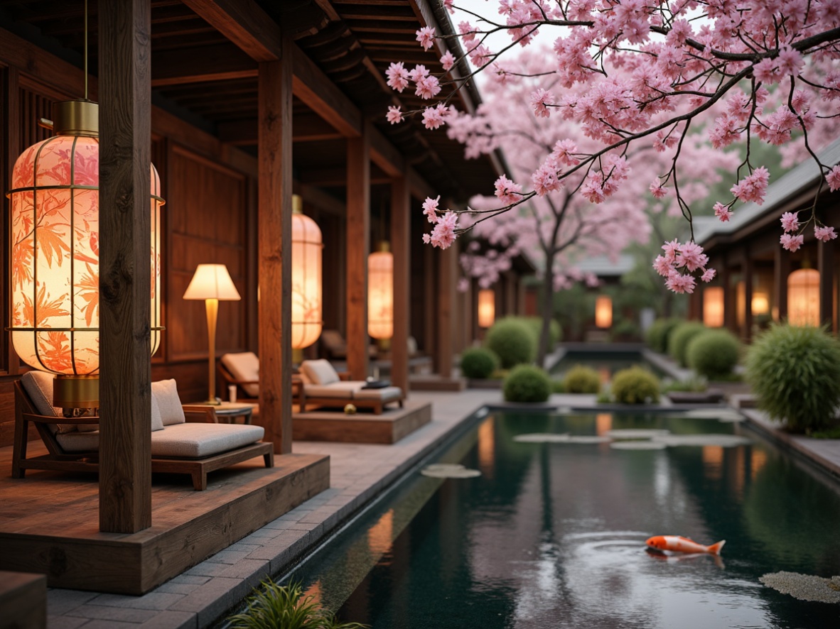 Prompt: Intricate lanterns, vibrant silk fabrics, delicate cherry blossoms, ornate wooden carvings, golden accents, subtle shoji screens, natural stone walls, serene water features, lush greenery, peaceful koi ponds, tranquil outdoor spaces, warm ambient lighting, shallow depth of field, 3/4 composition, panoramic view, realistic textures, ambient occlusion.