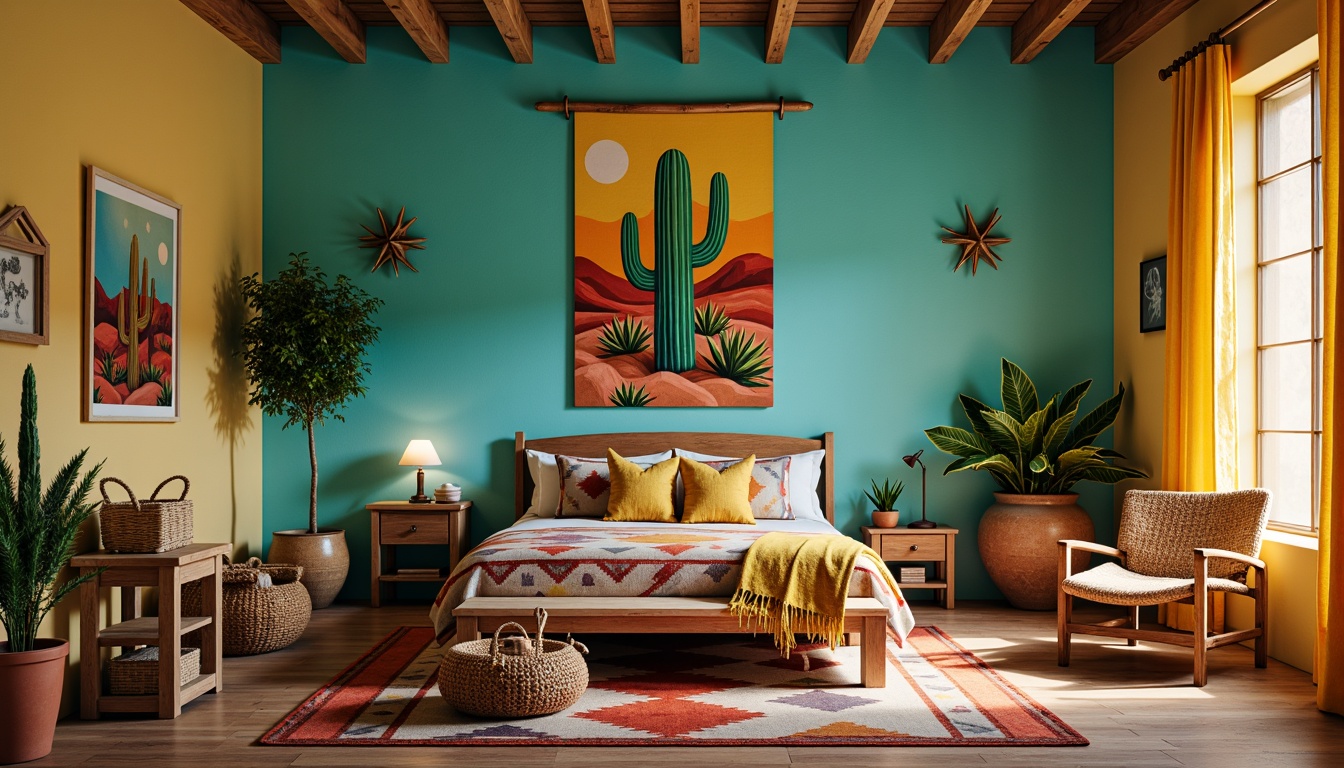 Prompt: Vibrant turquoise walls, rustic wooden furniture, colorful Navajo-inspired rug, plush cactus-shaped pillows, woven basket storage, desert landscape mural, sunny yellow accents, natural wood flooring, geometric patterned bedding, cowboy-themed decor, vintage wagon wheel light fixtures, earthy clay pottery, woven textiles, warm golden lighting, shallow depth of field, 1/1 composition, realistic textures.