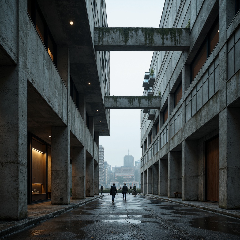 Prompt: Rugged brutalist architecture, exposed concrete walls, rough-hewn stone textures, industrial metal beams, distressed wood accents, cold grey tones, dramatic lighting, abstract geometric patterns, urban cityscape background, moody atmospheric fog, cinematic composition, high-contrast shadows, gritty realistic render.