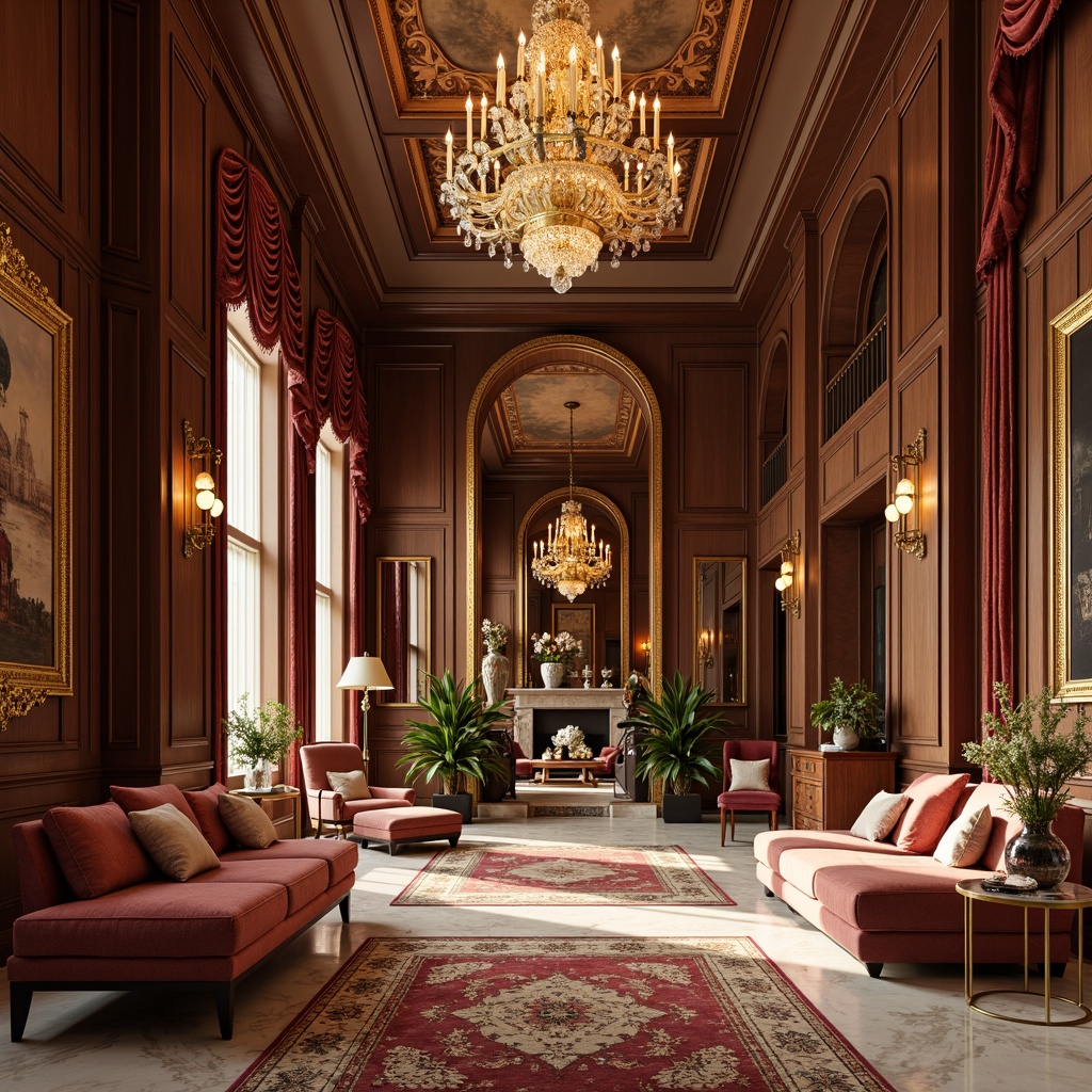 Prompt: Velvet drapes, silk upholstery, golden accents, opulent chandeliers, lavish furnishings, intricately patterned rugs, rich wood paneling, creamy marble floors, soft warm lighting, intimate ambiance, elegant lines, sophisticated color palette, sumptuous fabrics, luxurious throw pillows, ornate mirrors, refined atmosphere, majestic high ceilings, grand staircases, indulgent decor.