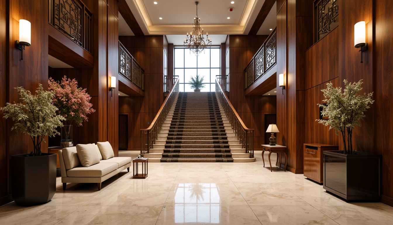 Prompt: Grand entrance hall, luxurious wood finishes, rich walnut tones, high-gloss varnish, elegant staircases, ornate handrails, sophisticated chandeliers, polished marble floors, lavish furnishings, warm ambient lighting, shallow depth of field, 1/2 composition, realistic textures, subtle reflections.