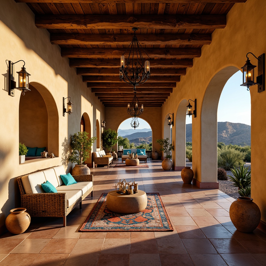 Prompt: Rustic southwestern adobe architecture, earthy tones, natural materials, warm beige stucco walls, wooden beams, terra cotta floors, vibrant turquoise accents, colorful woven textiles, dramatic candlelit ambiance, soft warm glow, pendant lanterns, wrought iron chandeliers, rustic metal sconces, clay pottery-inspired lighting, desert landscape views, sunny days, high ceilings, open floor plans, cozy nooks, intimate gathering spaces, ambient shadowing, shallow depth of field, 3/4 composition, panoramic view.