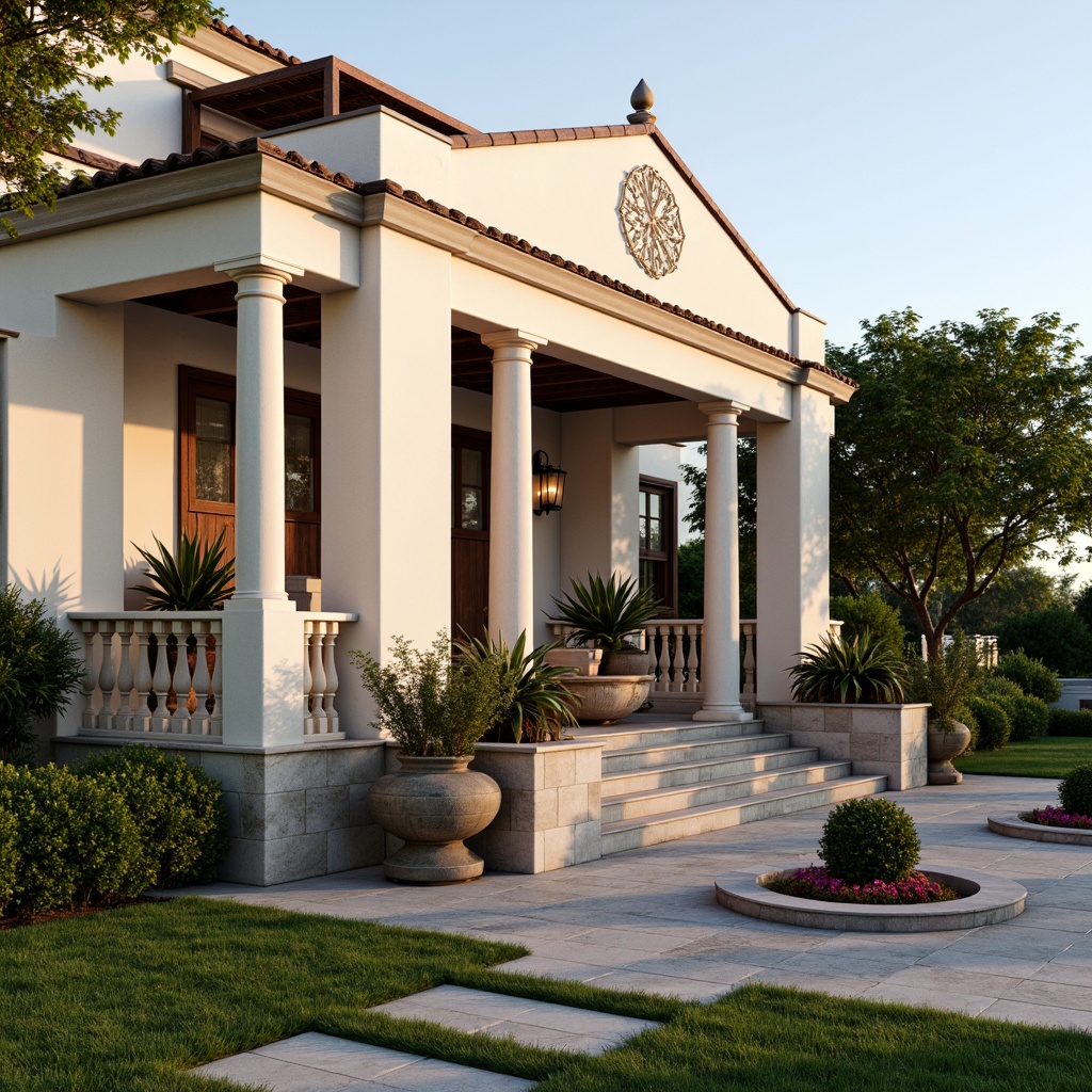 Prompt: Elegant villa facade, ornate columns, intricately carved architraves, grand entrance doors, symmetrical architecture, cream-colored stucco walls, rustic stone foundations, lush greenery, vibrant blooming flowers, manicured lawns, serene water features, majestic fountains, soft warm lighting, shallow depth of field, 3/4 composition, realistic textures, ambient occlusion.