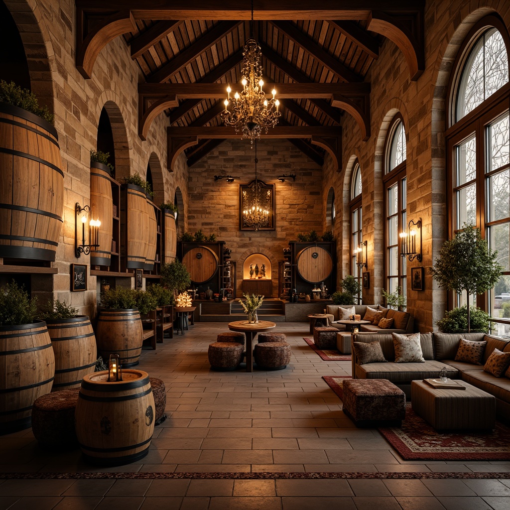 Prompt: Rustic winery interior, distressed stone walls, wooden barrel accents, vintage wine-making equipment, earthy color palette, natural textures, traditional architectural details, ornate metalwork, dim warm lighting, cozy ambiance, rich wood tones, decorative tile inlays, arched windows, stained glass features, old-world charm, elegant furnishings, soft plush fabrics, intimate seating areas, dramatic ceiling heights, ornate chandeliers, classic wall sconces.