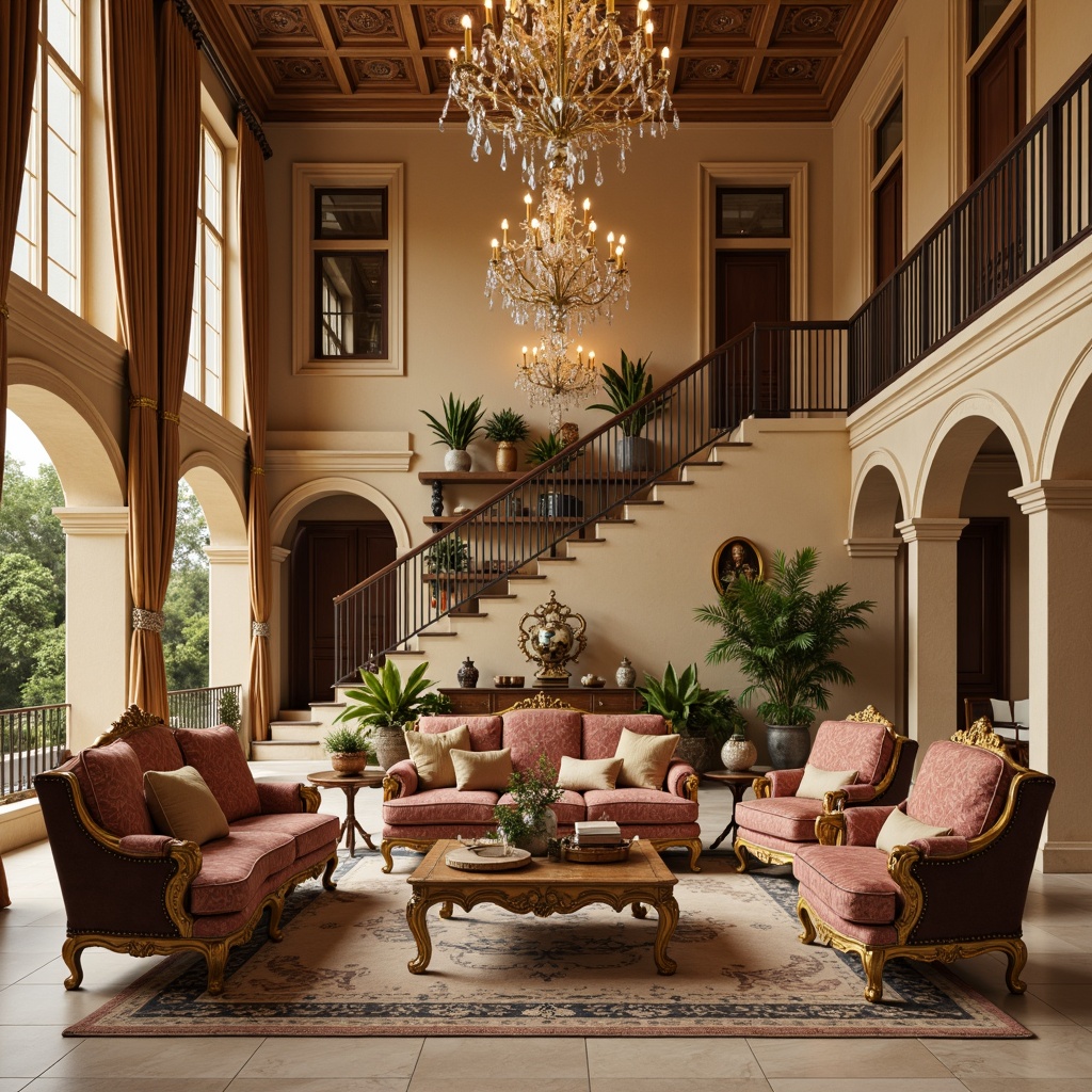 Prompt: Luxurious villa interior, neoclassical furniture style, ornate carvings, curved legs, velvet upholstery, golden accents, crystal chandeliers, marble floors, high ceilings, grand staircase, regal atmosphere, warm beige walls, rich wood tones, intricate moldings, sophisticated color palette, soft warm lighting, shallow depth of field, 1/1 composition, realistic textures, ambient occlusion.