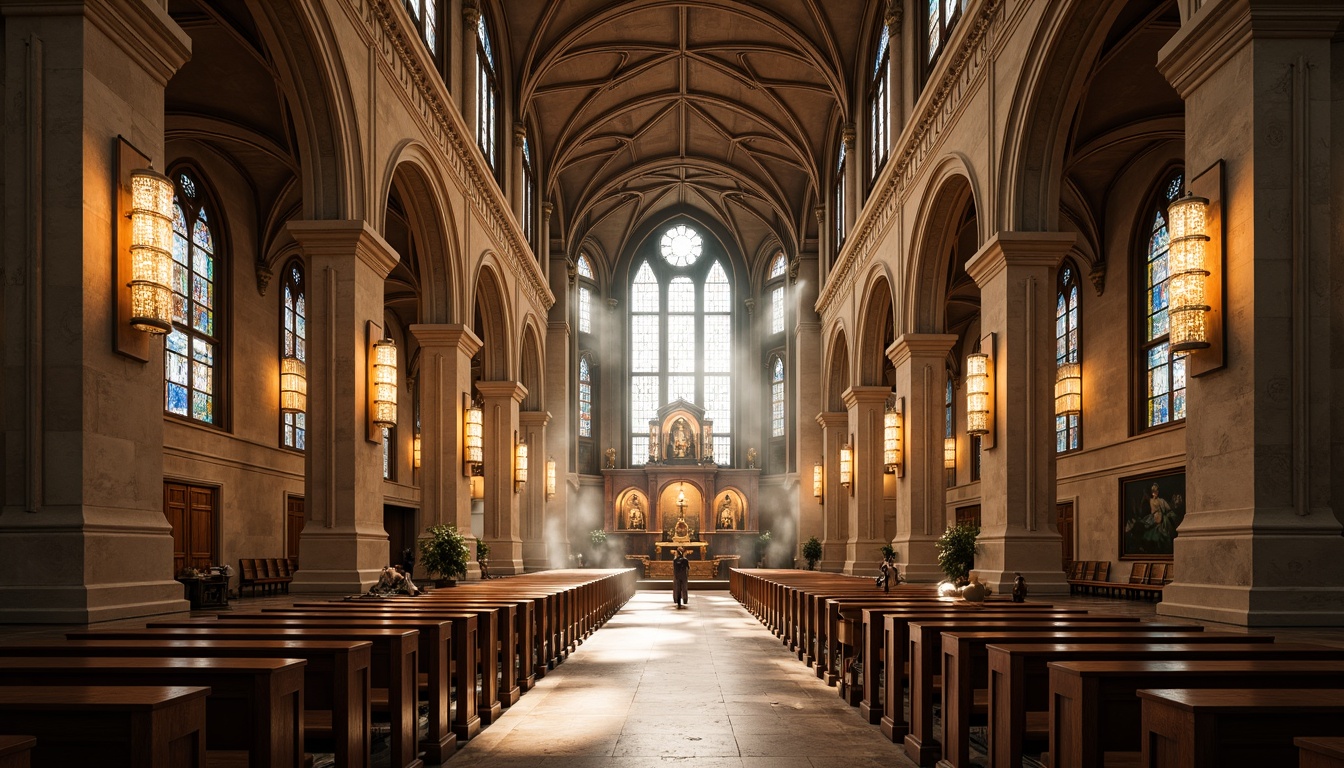 Prompt: Grand cathedral interior, vaulted ceilings, stained glass windows, intricate stone carvings, ornate chandeliers, polished marble floors, wooden pews, majestic altarpieces, dramatic lighting effects, warm golden tones, atmospheric misting, shallow depth of field, 1/1 composition, symmetrical framing, realistic textures, ambient occlusion.