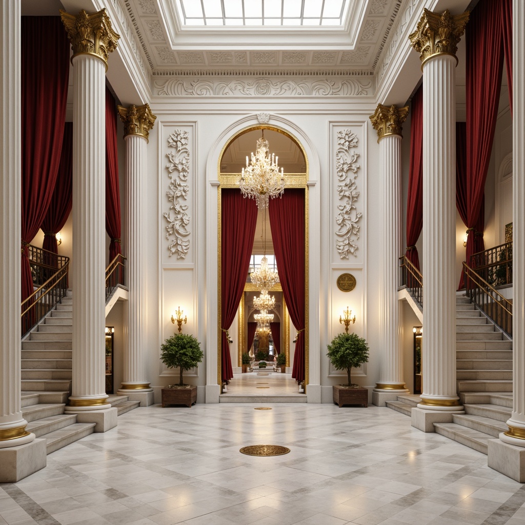 Prompt: Elegant neoclassical building, white marble columns, ornate carvings, intricate moldings, grand staircases, polished bronze doors, crystal chandeliers, luxurious velvet drapes, rich wood paneling, gilded frames, ornamental plasterwork, subtle warm lighting, shallow depth of field, 1/1 composition, symmetrical balance, realistic textures, ambient occlusion.