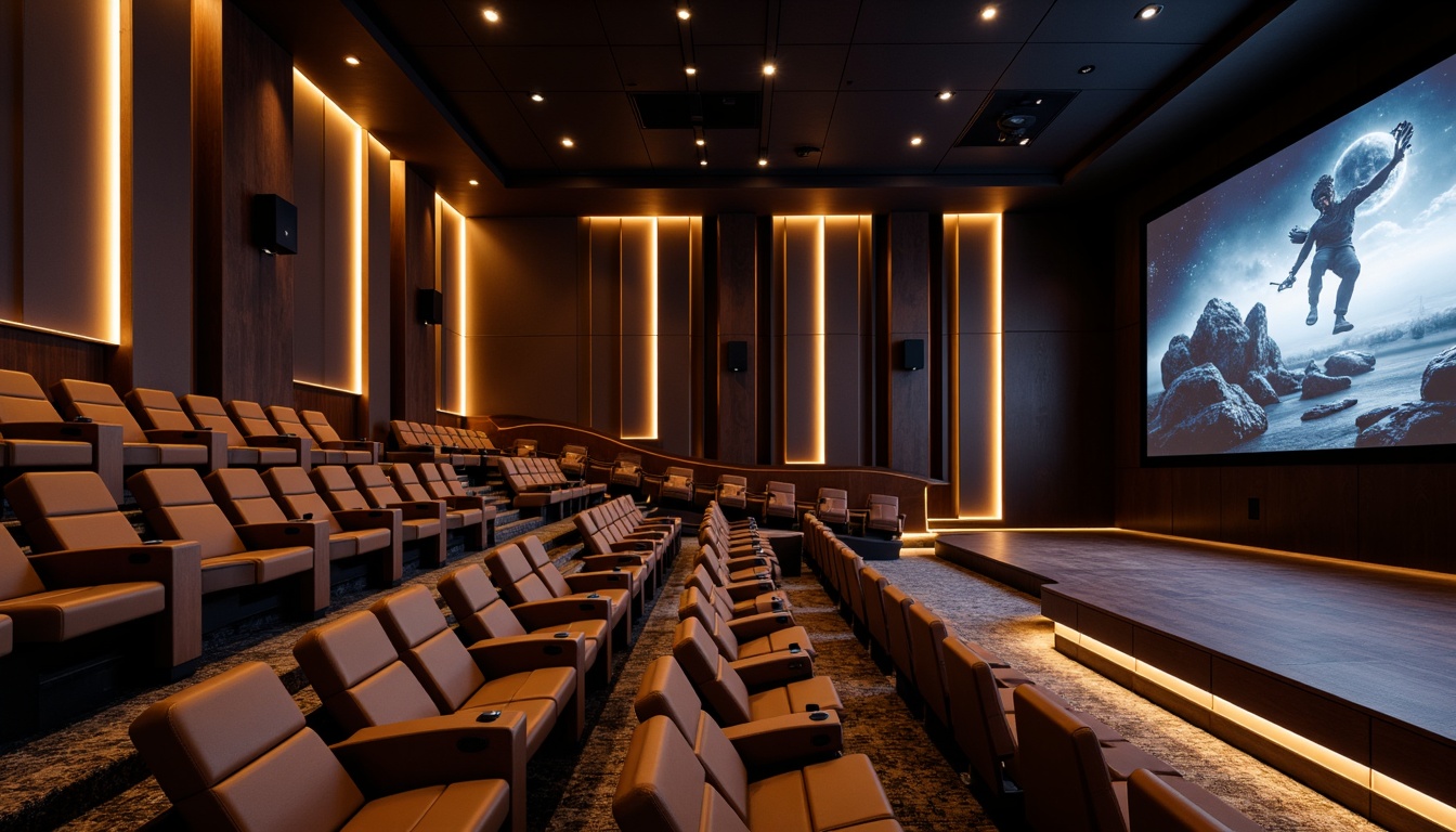 Prompt: Luxurious cinema interior, modern sleek lines, premium leather seats, reclining chairs, adjustable armrests, ambient LED lighting, dark wood accents, metallic trim, geometric patterns, minimalist decor, spacious legroom, tiered seating arrangement, stadium-style layout, high-tech audio equipment, massive screens, cinematic sound effects, immersive viewing experience, cozy atmosphere, soft warm lighting, shallow depth of field, 3/4 composition, panoramic view, realistic textures, ambient occlusion.