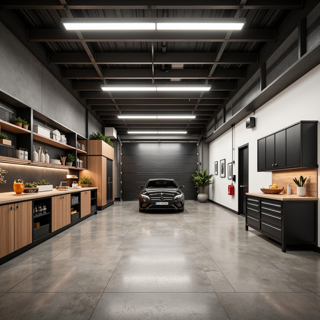 Prompt: Modern family garage interior, sleek metal beams, polished concrete floors, industrial-style lighting fixtures, minimalist decor, functional storage systems, wooden cabinetry, epoxy-coated workbenches, tool organizers, automotive-inspired accents, racing stripe patterns, neutral color palette, warm ambient lighting, shallow depth of field, 1/1 composition, realistic textures, subtle reflections.