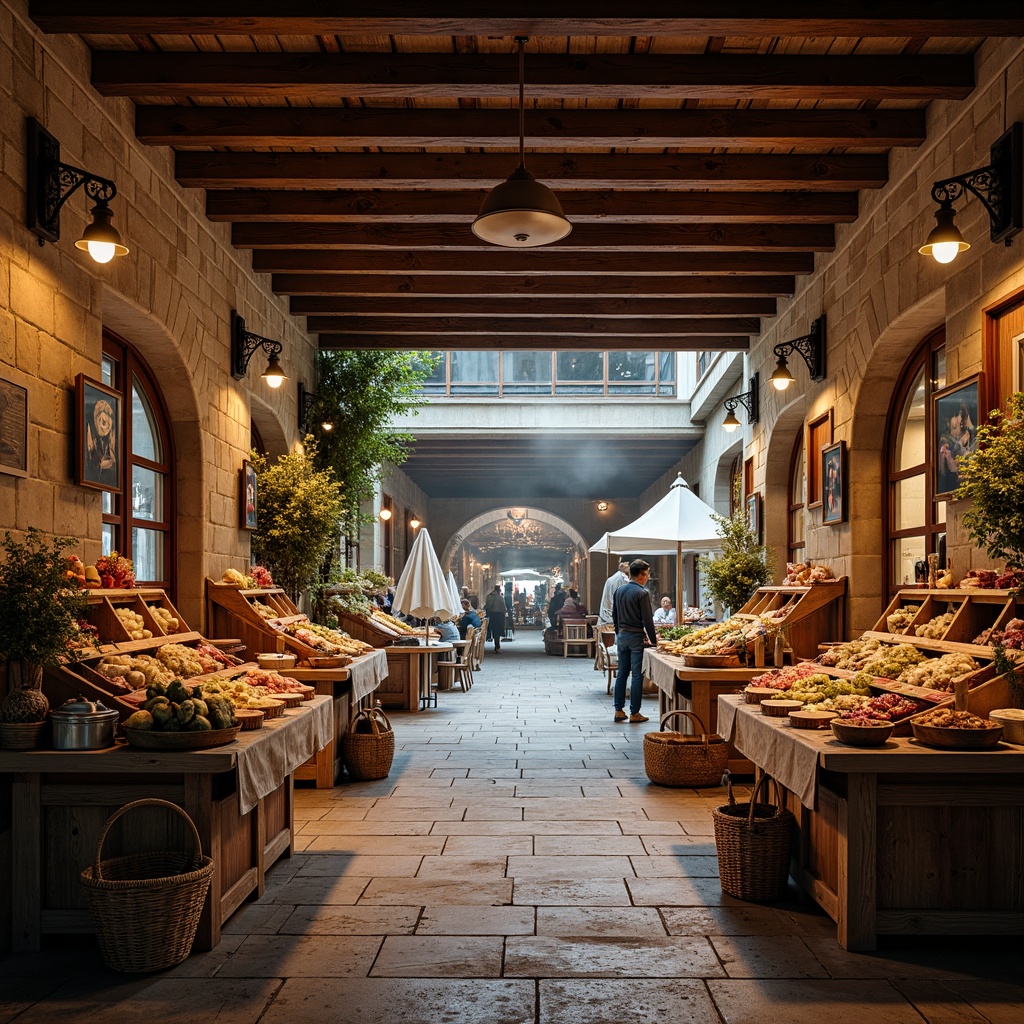 Prompt: Traditional market interior, ornate wooden beams, rustic stone walls, earthy color palette, vintage metal lanterns, distressed wood accents, woven baskets, natural textiles, ambient warm lighting, shallow depth of field, 3/4 composition, realistic textures, subtle shadowing, atmospheric misting, lively market atmosphere, bustling crowd scenes, vibrant colorful produce displays, artisanal food stalls, eclectic decorative elements, rich cultural heritage.