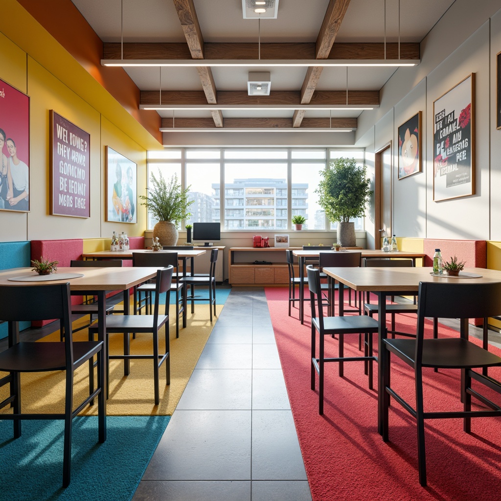 Prompt: Vibrant high school interior, modern furniture, bold color accents, geometric patterns, sleek metal chairs, wooden desks, collaborative workspaces, inspirational quotes, motivational posters, natural light, floor-to-ceiling windows, minimalist decor, eclectic textures, abstract art pieces, pop of bright colors, 3/4 composition, shallow depth of field, warm soft lighting, realistic reflections.