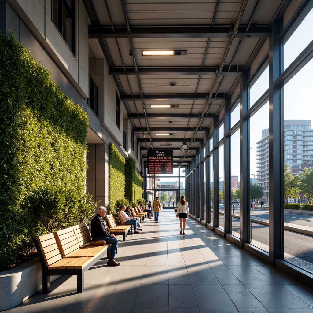 Prompt: Modern bus station, sleek metal rooflines, curved glass fa\u00e7ades, vibrant LED lighting, comfortable seating areas, wooden benches, green walls, natural ventilation systems, urban landscape views, bustling city atmosphere, warm afternoon sunlight, shallow depth of field, 1/2 composition, realistic textures, ambient occlusion.