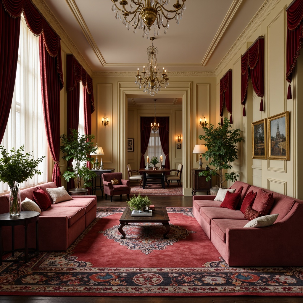 Prompt: Luxurious velvet fabrics, richly patterned rugs, ornate golden frames, elegant cream-colored walls, sophisticated dark wood furniture, lavish crystal chandeliers, plush silk upholstery, intricate lace details, soft warm lighting, shallow depth of field, 3/4 composition, realistic textures, ambient occlusion.