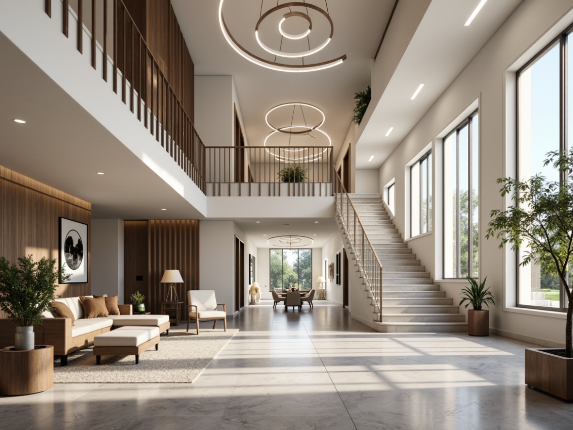 Prompt: Luxurious staircase, sleek balustrades, polished chrome handrails, minimalist design, modern architecture, open-plan living, high ceilings, spacious interior, marble flooring, soft carpeting, elegant chandeliers, warm LED lighting, 3/4 composition, shallow depth of field, panoramic view, realistic textures, ambient occlusion.