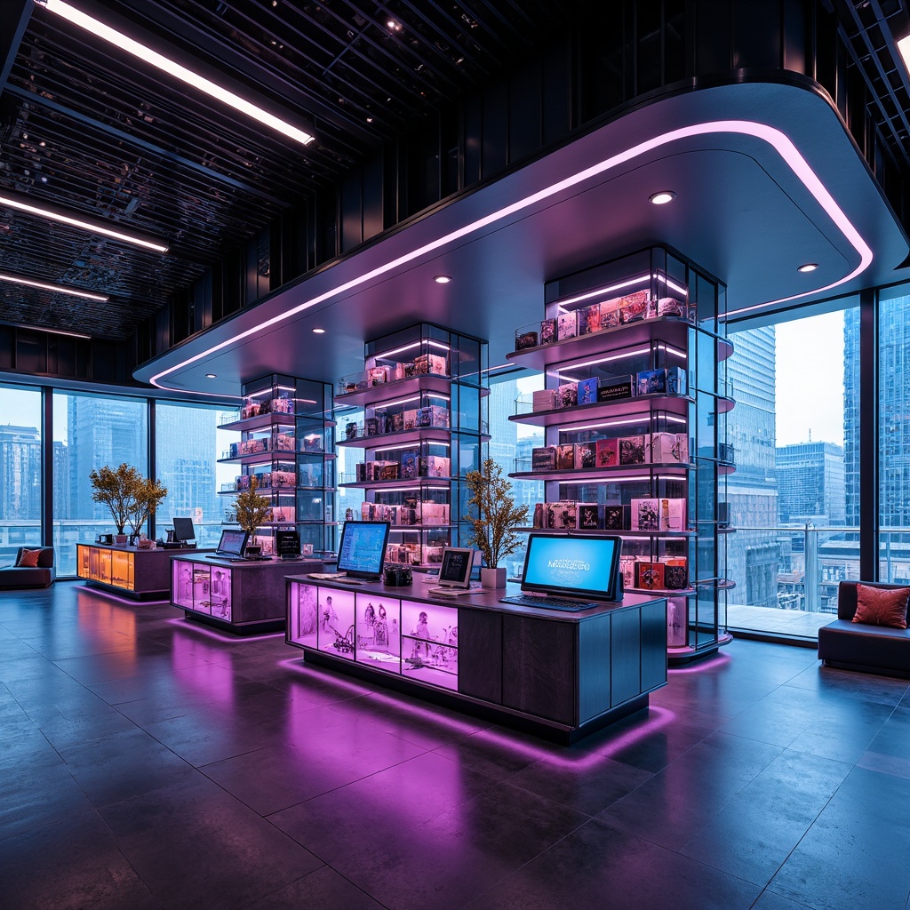 Prompt: Futuristic bookstore, neon-lit shelves, metallic surfaces, glass floors, minimalist decor, sleek lines, angular forms, holographic displays, interactive kiosks, virtual reality experiences, LED lighting, fiber-optic chandeliers, iridescent fabrics, high-gloss finishes, carbon fiber textures, polished chrome accents, transparent acrylic walls, 3D-printed decorations, atmospheric misting systems, immersive reading areas, panoramic city views, cyberpunk-inspired color schemes, moody ambient lighting.