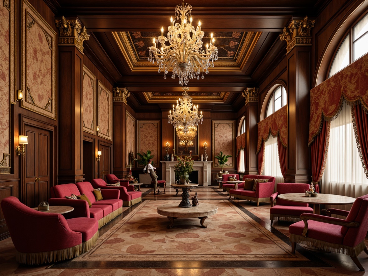 Prompt: Luxurious velvet fabrics, ornate golden patterns, rich brocade textures, majestic marble columns, grandiose archways, intricately carved wooden paneling, elegant crystal chandeliers, opulent silk drapes, refined damask prints, classic Greco-Roman motifs, sophisticated molding details, subtle warm lighting, high-contrast shading, precise linear composition, atmospheric perspective, detailed realistic rendering.